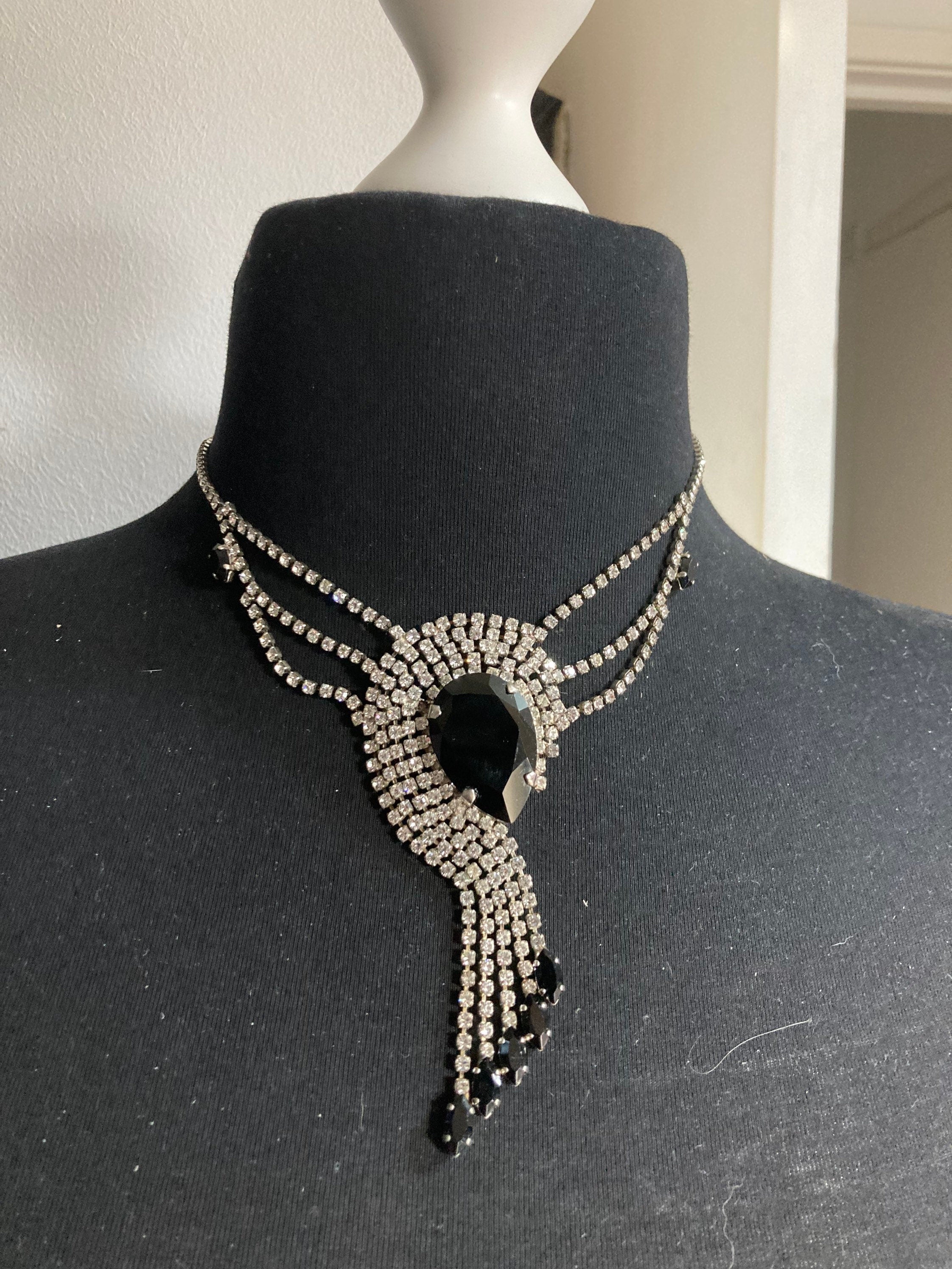diamanté rhinestone necklace clear black paste silver tone monochrome 45cm