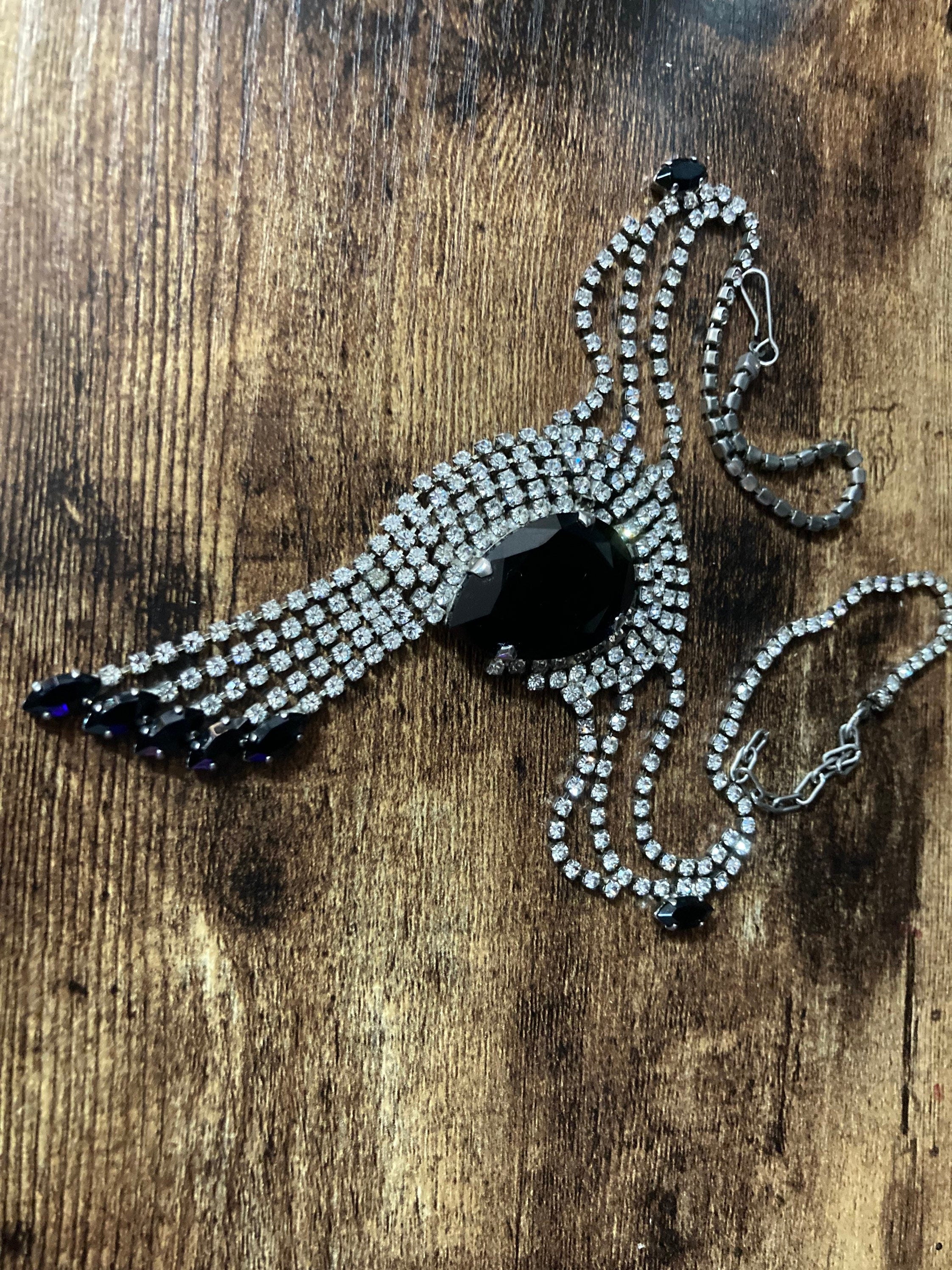 diamanté rhinestone necklace clear black paste silver tone monochrome 45cm