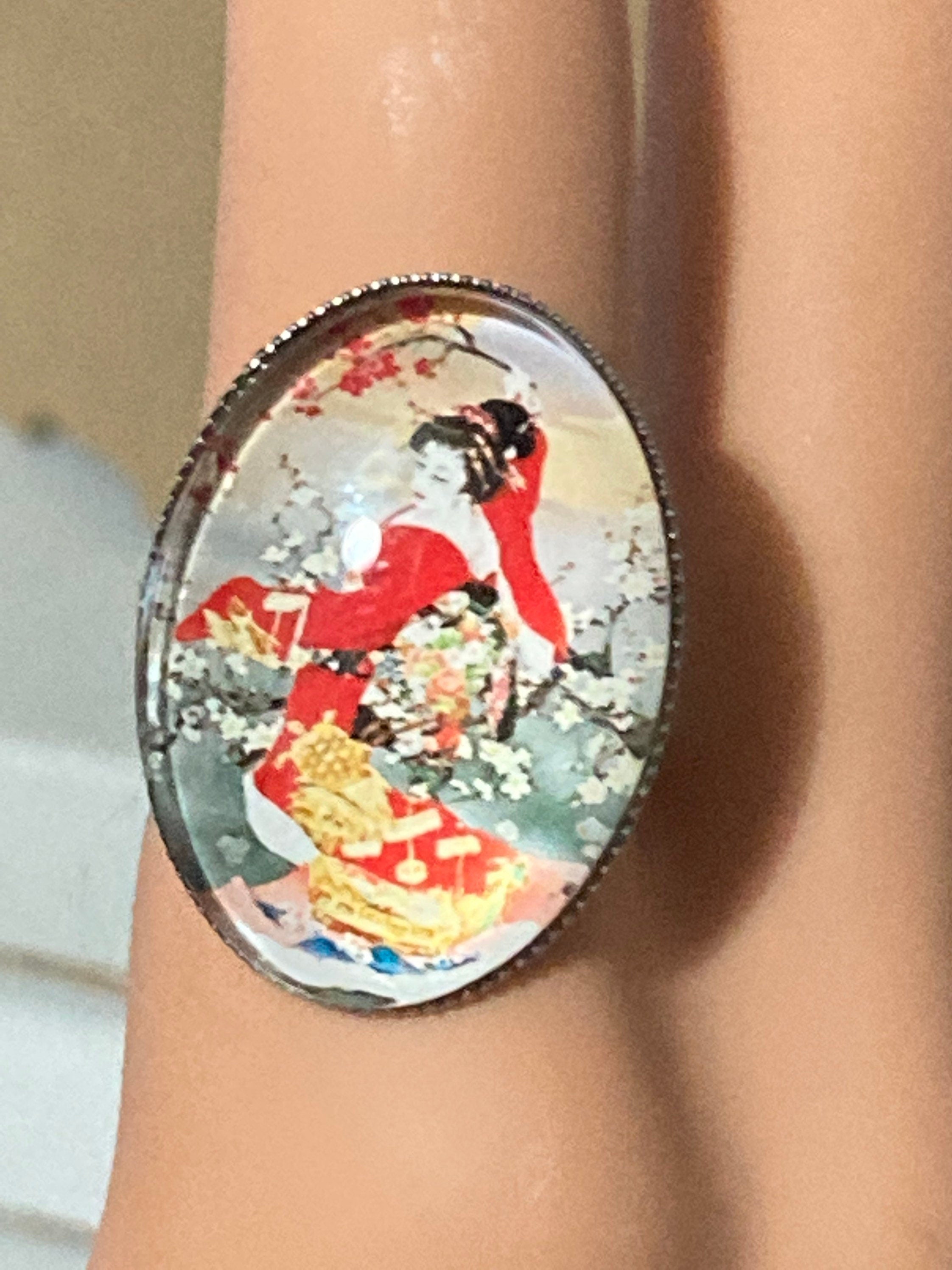 Japanese geisha girl ring adjustable stainless steel red
