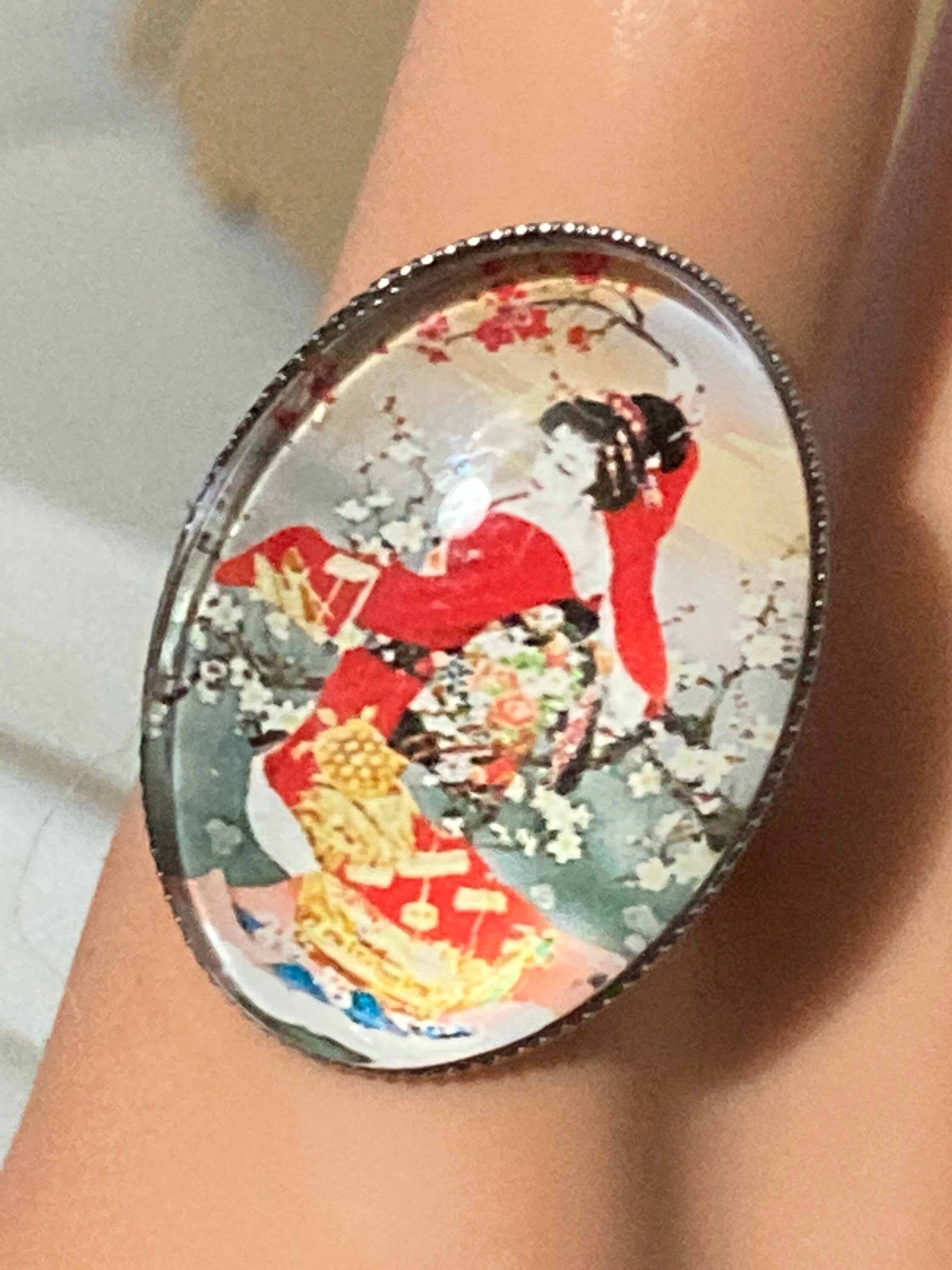 Japanese geisha girl ring adjustable stainless steel red