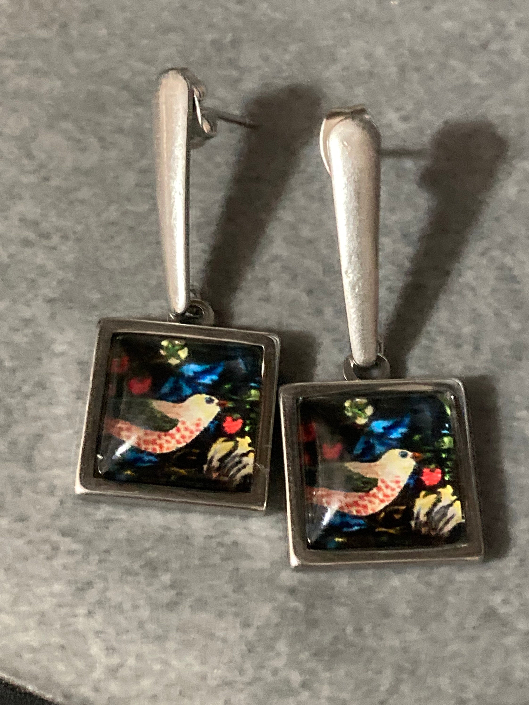 William Morris strawberry thief print earrings square glass cabochon drops black
