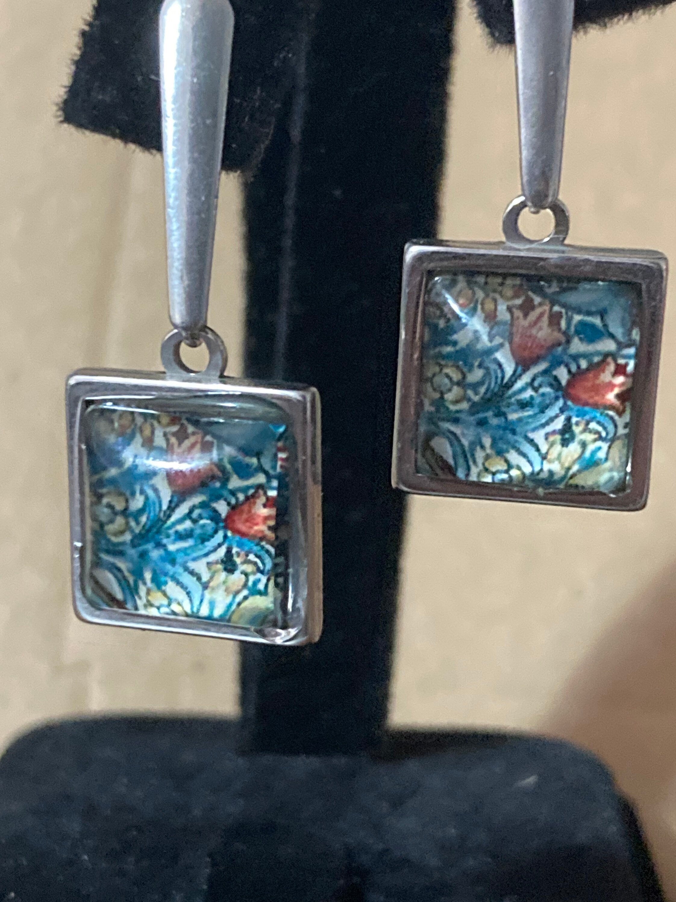 William Morris print earrings square glass cabochon drop silver blue orange tulips
