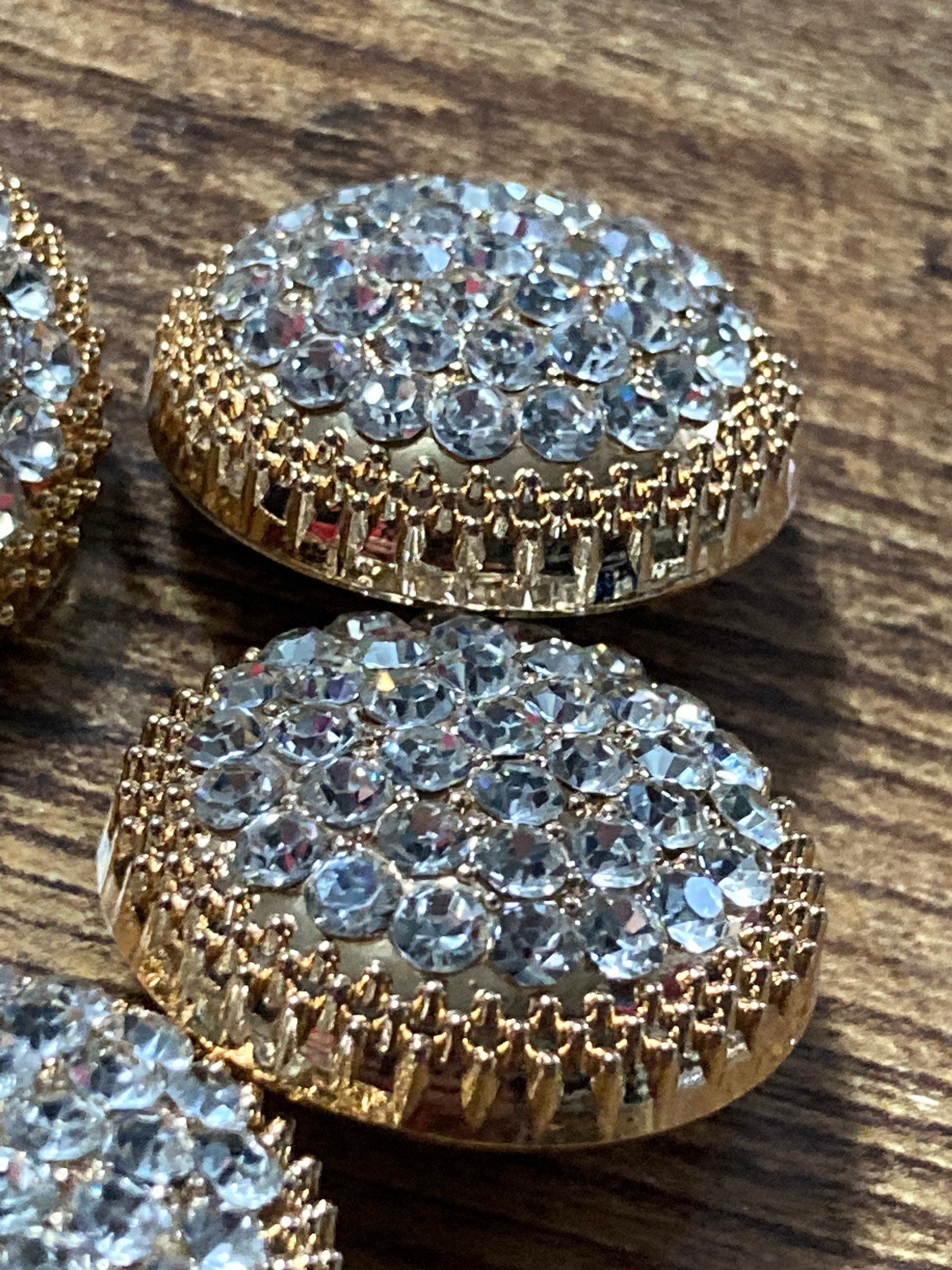 Set of 6 25mm gold tone metal shank round domed glass diamanté buttons for coat
