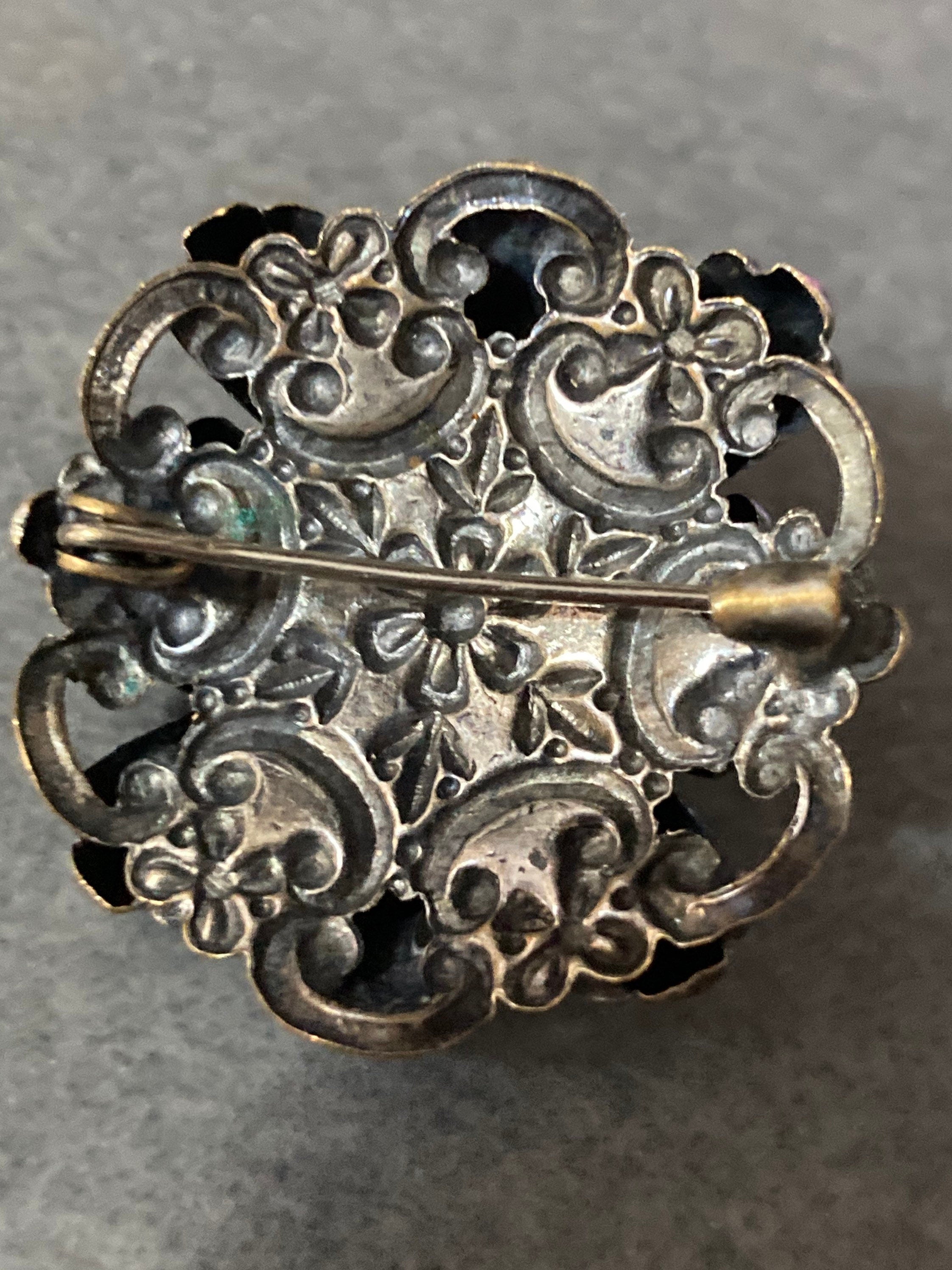 Art Deco Czech brass filigree brooch turquoise blue Gold 1930s 1940s