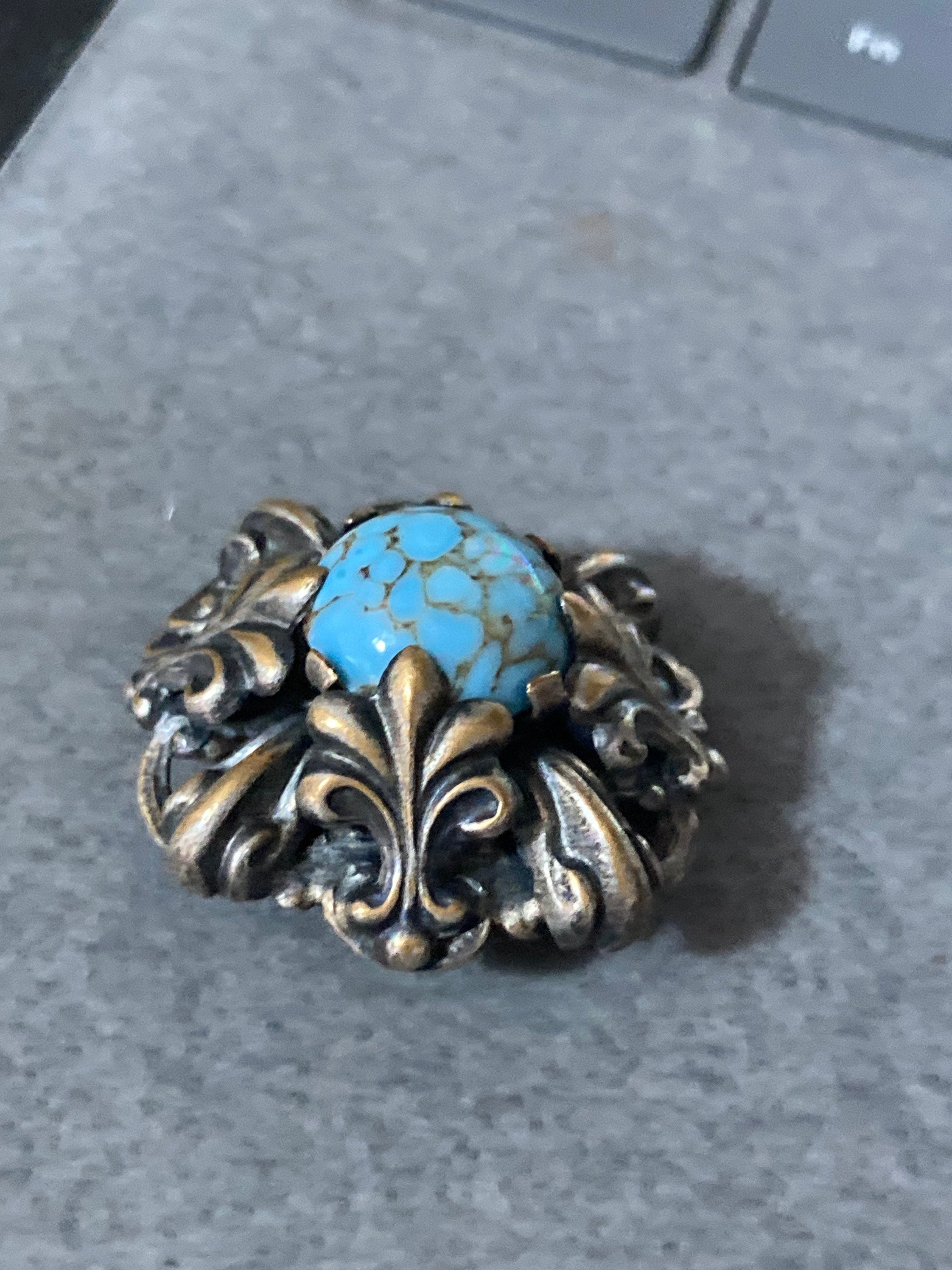 Art Deco Czech brass filigree brooch turquoise blue Gold 1930s 1940s