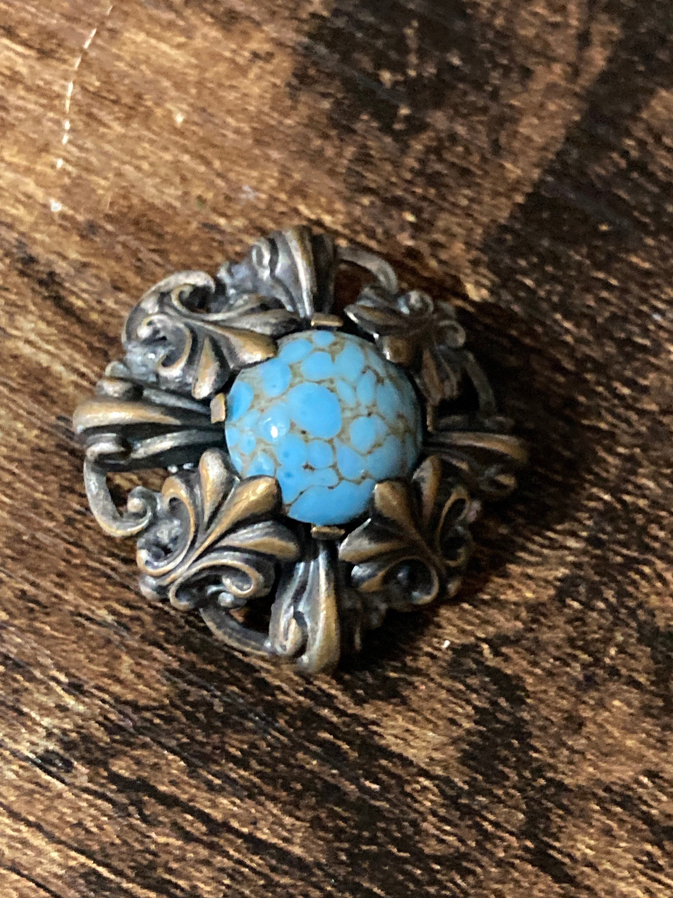 Art Deco Czech brass filigree brooch turquoise blue Gold 1930s 1940s
