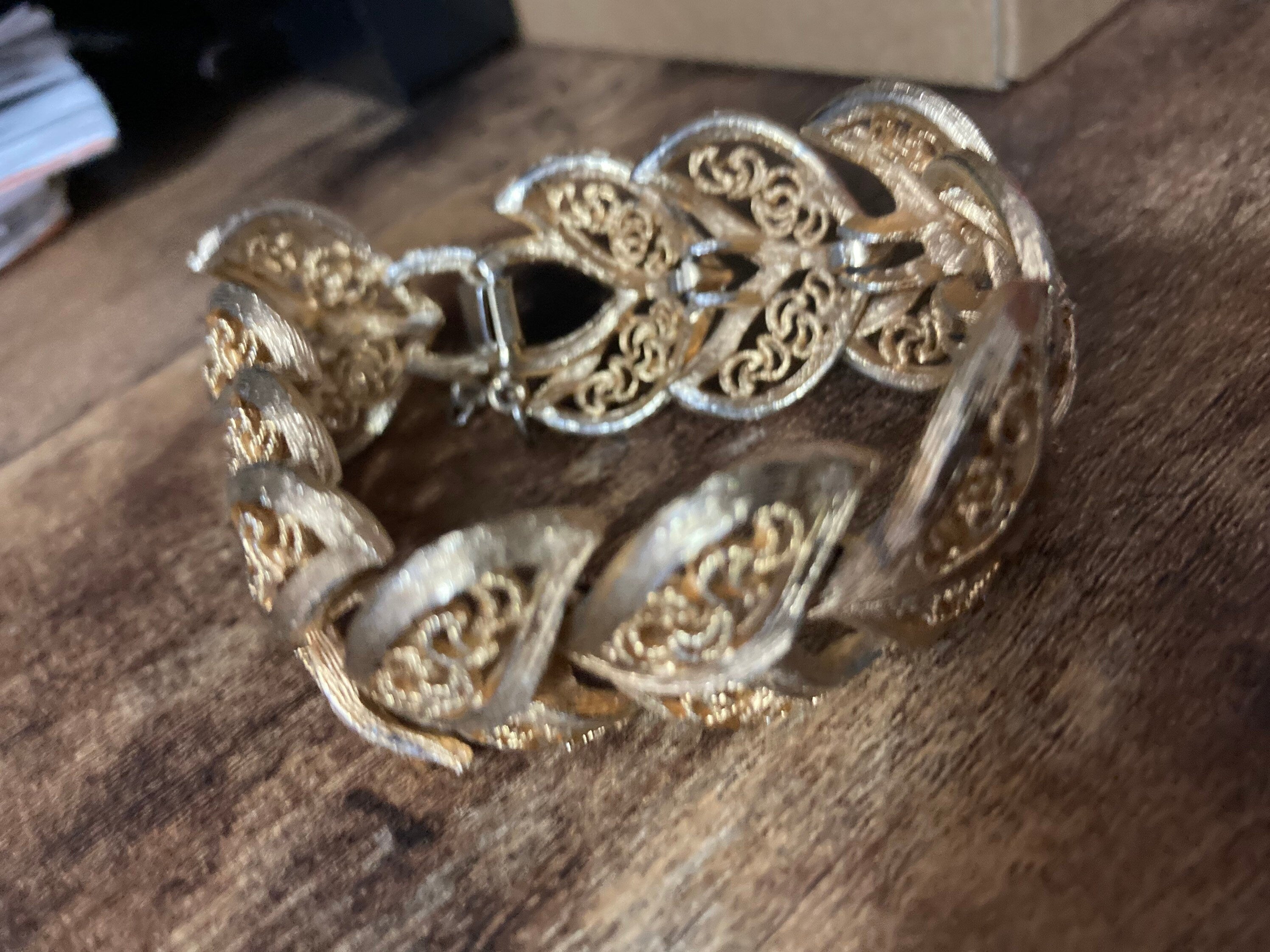 textured leaf bracelet 1970s modernist period Vintage gold tone