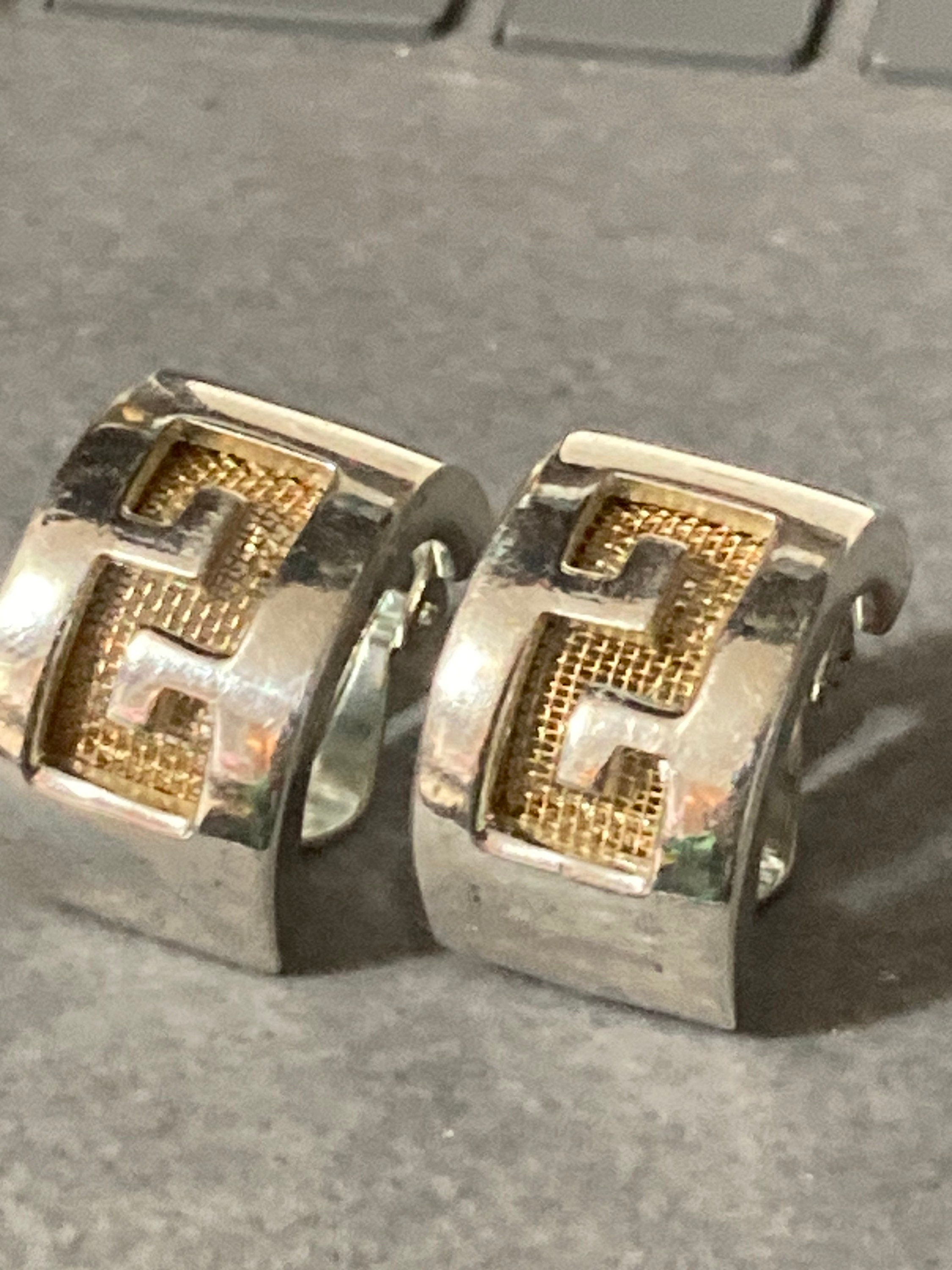 Signed Givenchy New York half hoop gold mesh silver earrings clip on