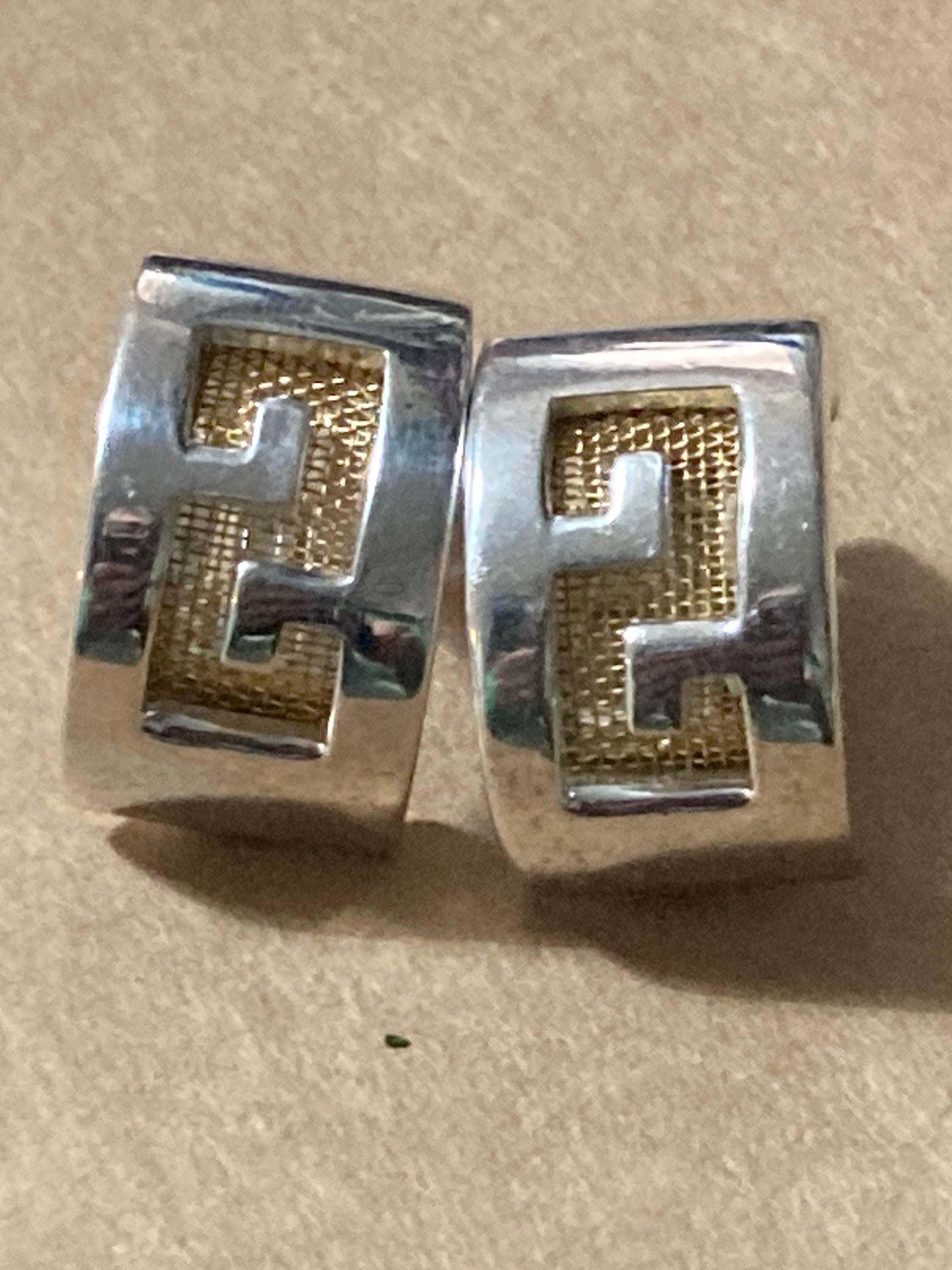 Signed Givenchy New York half hoop gold mesh silver earrings clip on