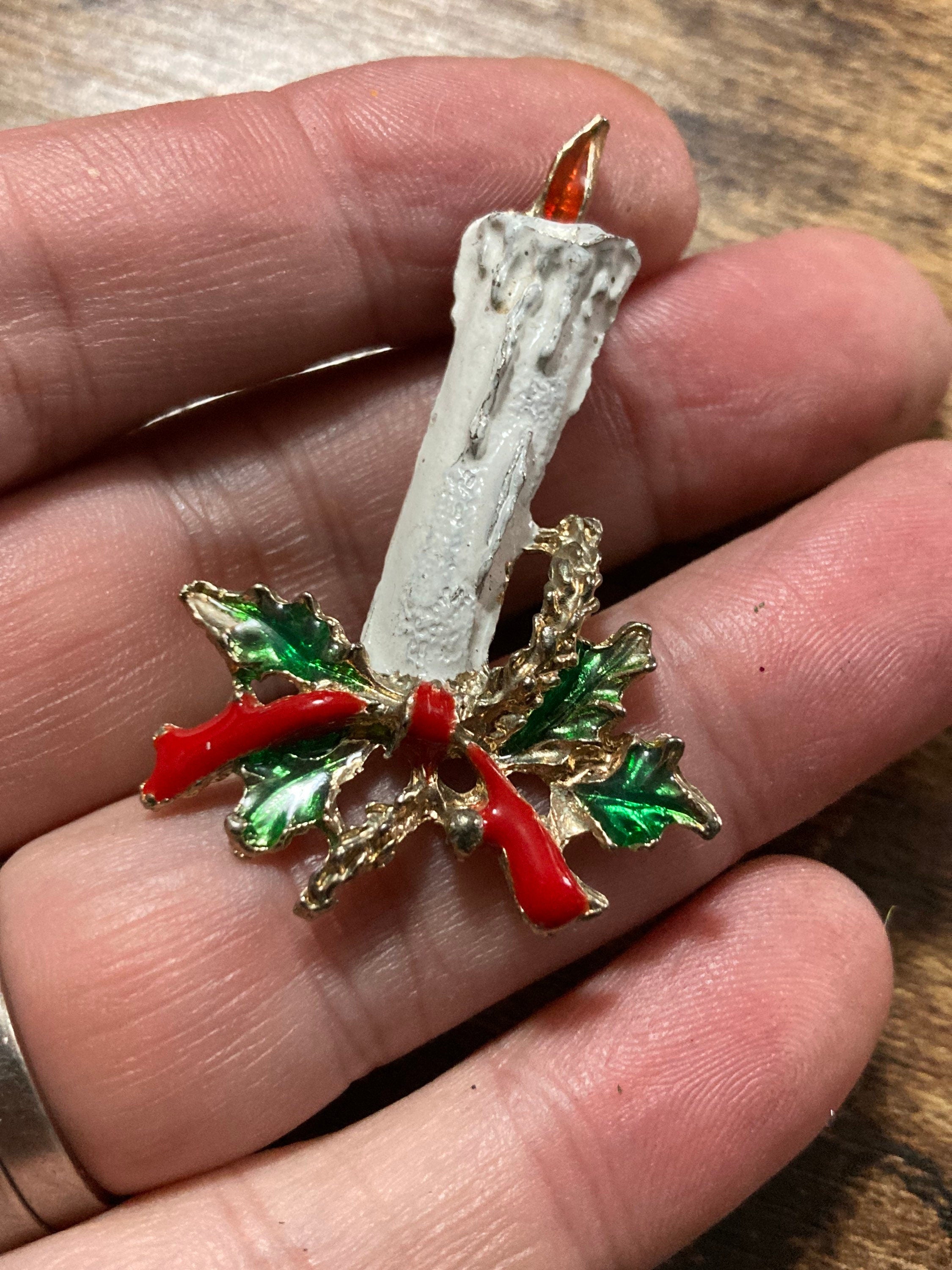 Vintage white enamel Christmas candle brooch