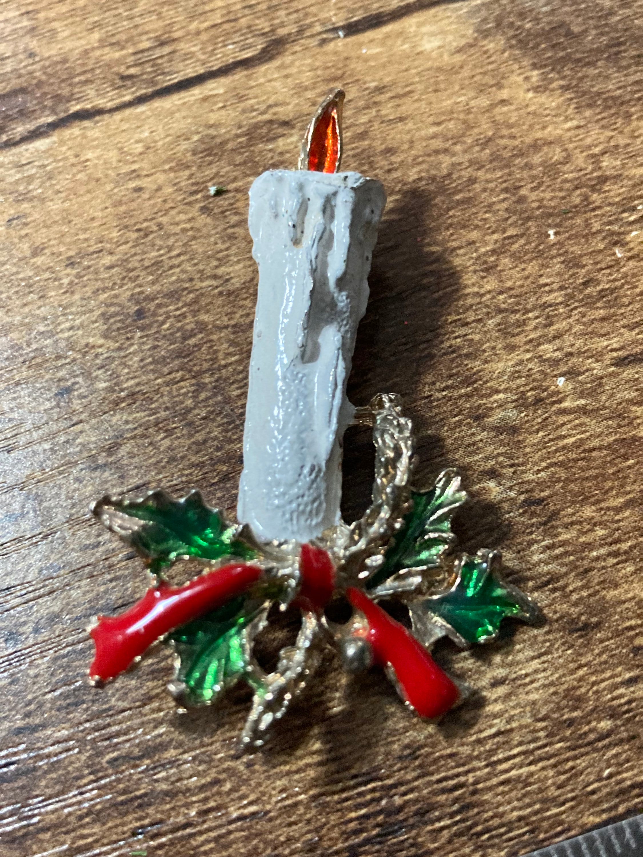 Vintage white enamel Christmas candle brooch