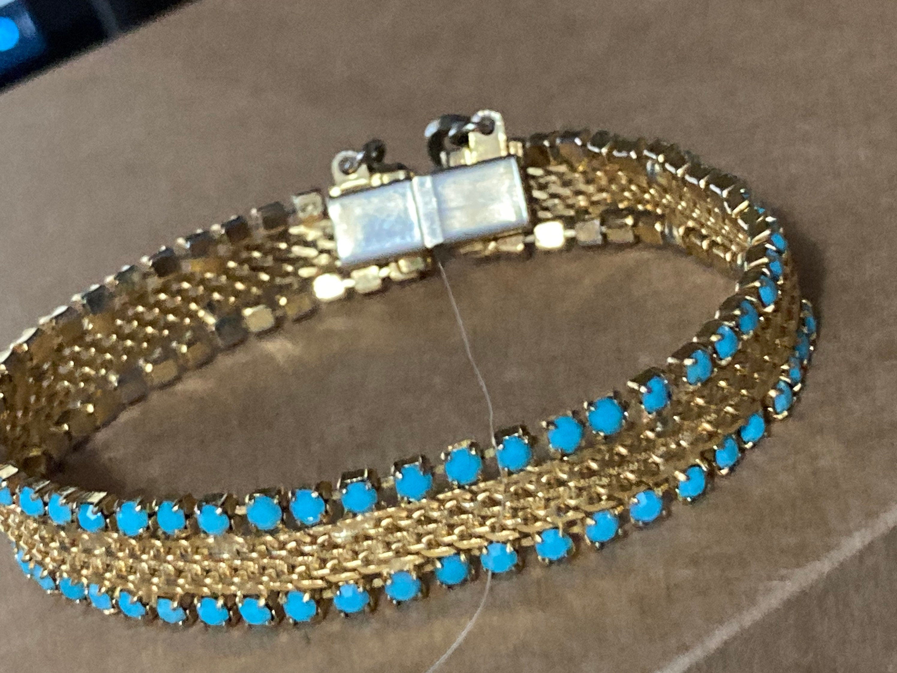 Vintage articulated flat link mesh gold tone bracelet with turquoise blue paste