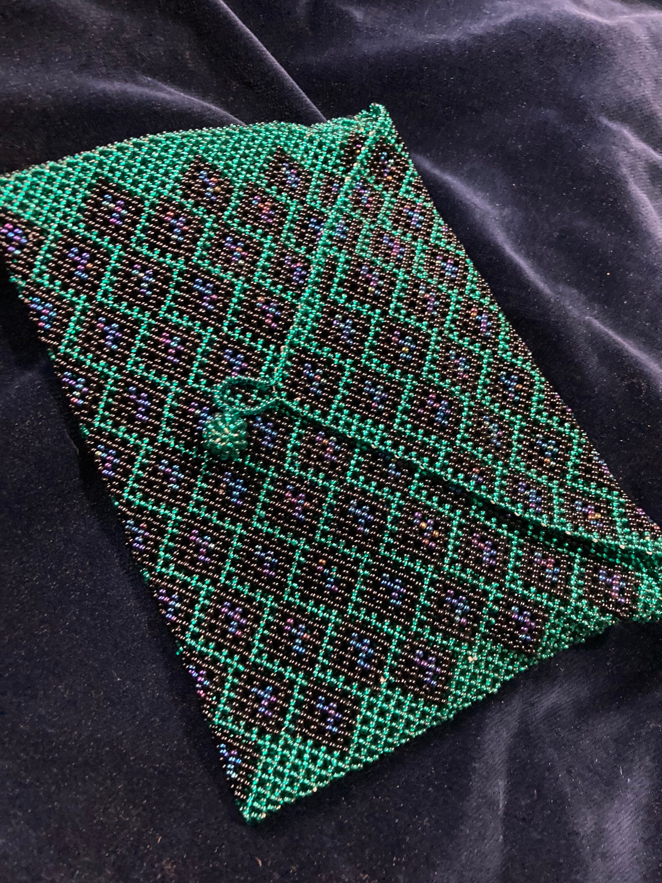 Antique micro beaded evening purse glass peacock blue green