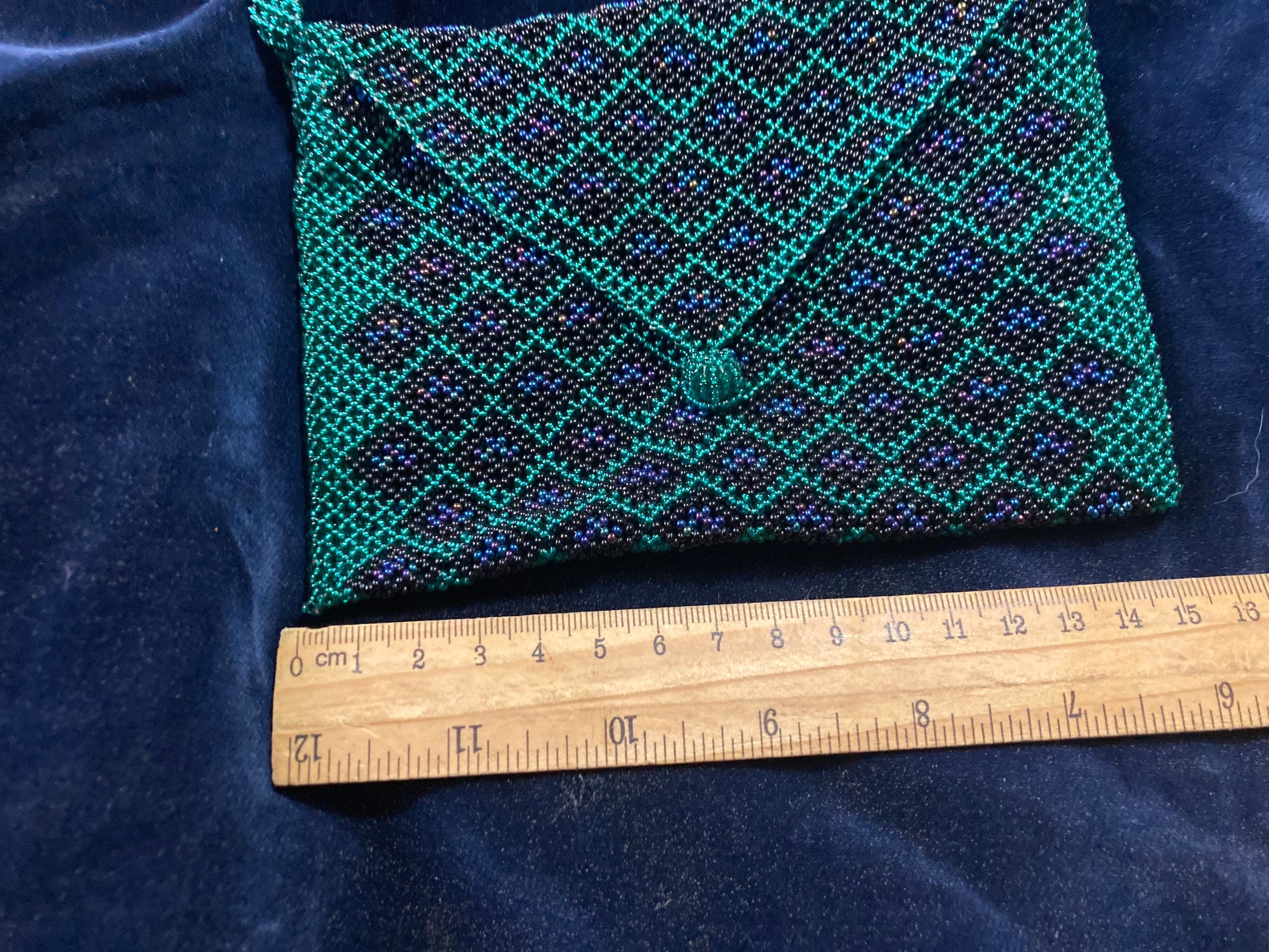 Antique micro beaded evening purse glass peacock blue green