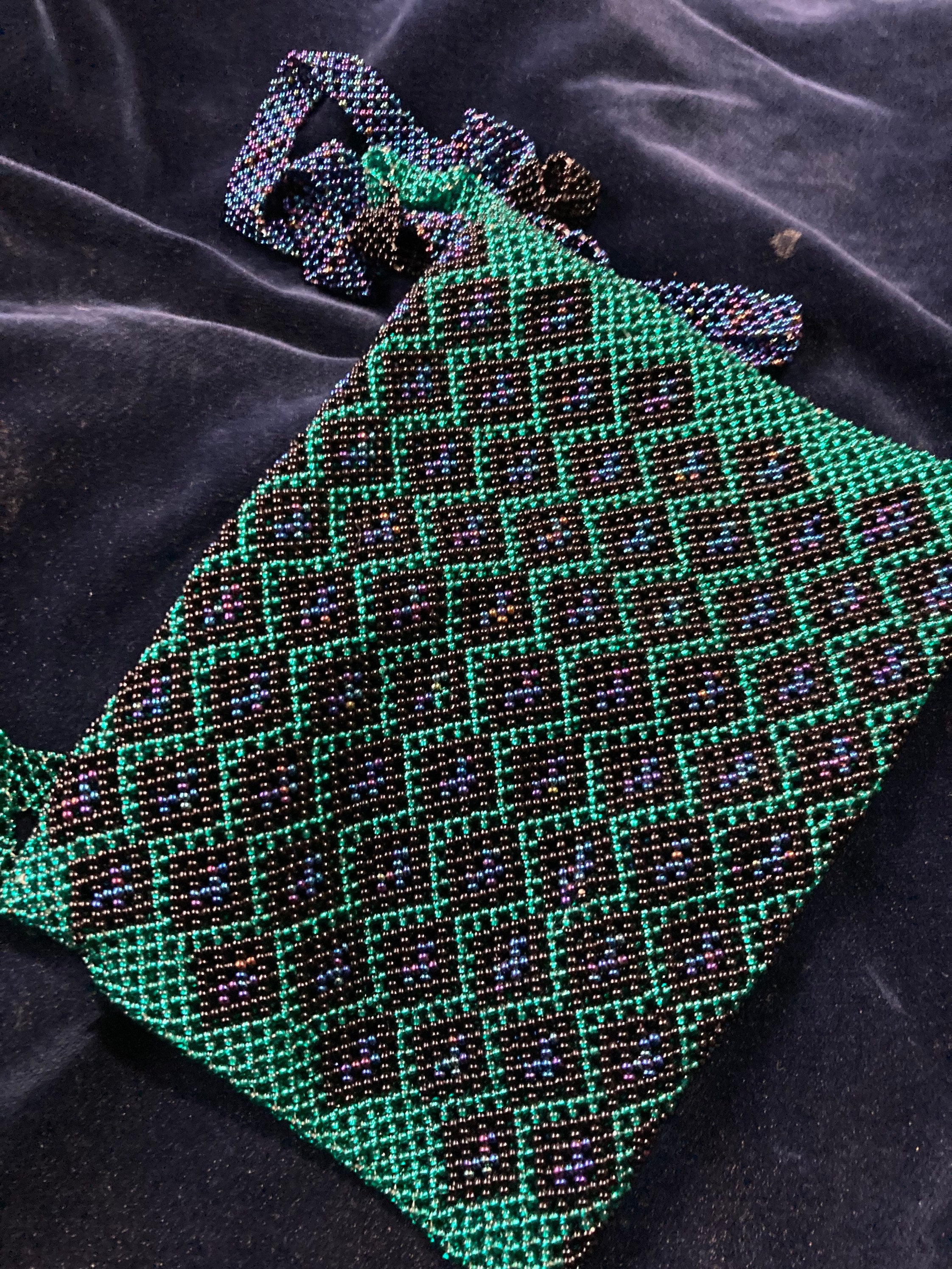 Antique micro beaded evening purse glass peacock blue green
