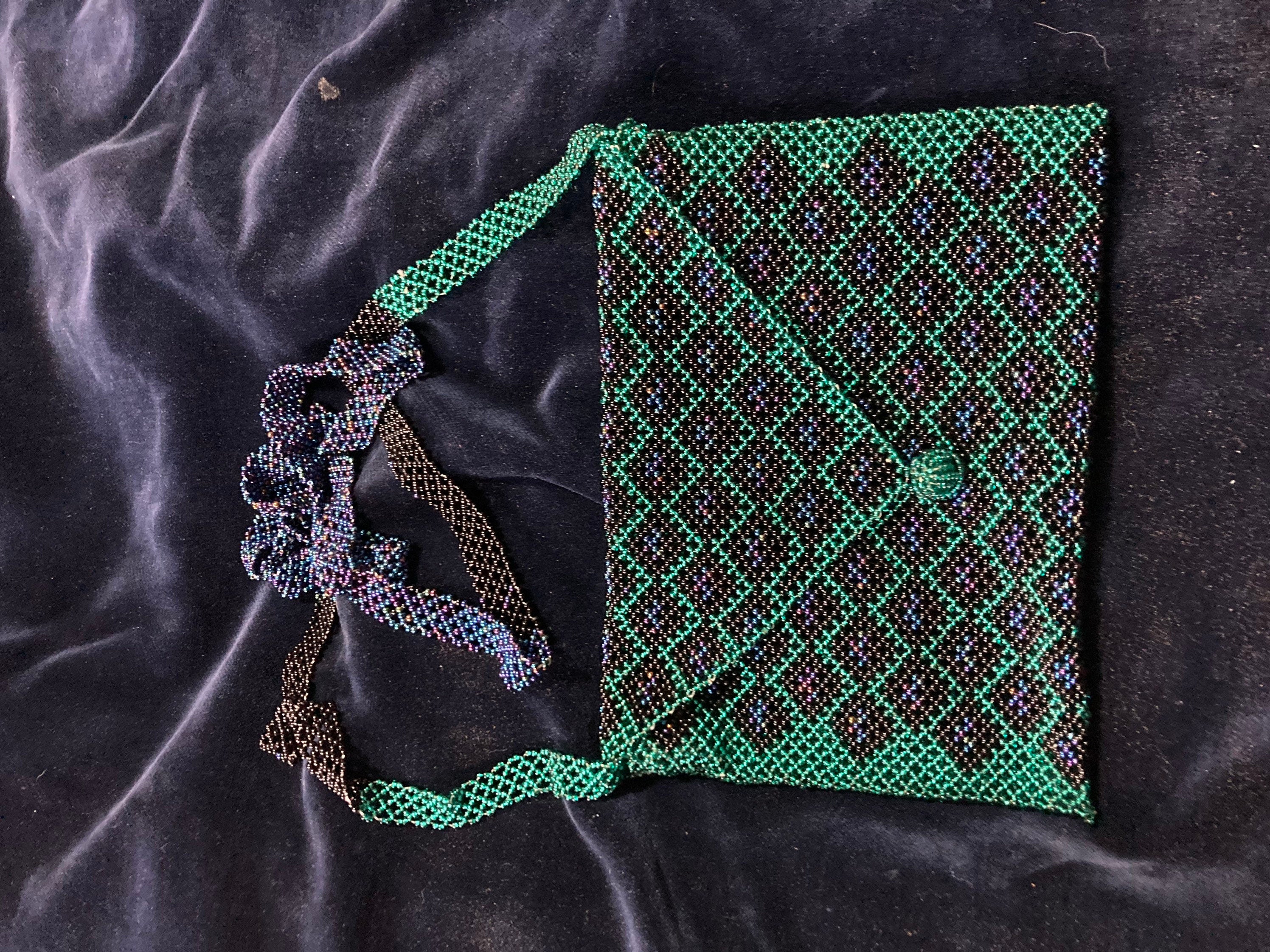 Antique micro beaded evening purse glass peacock blue green