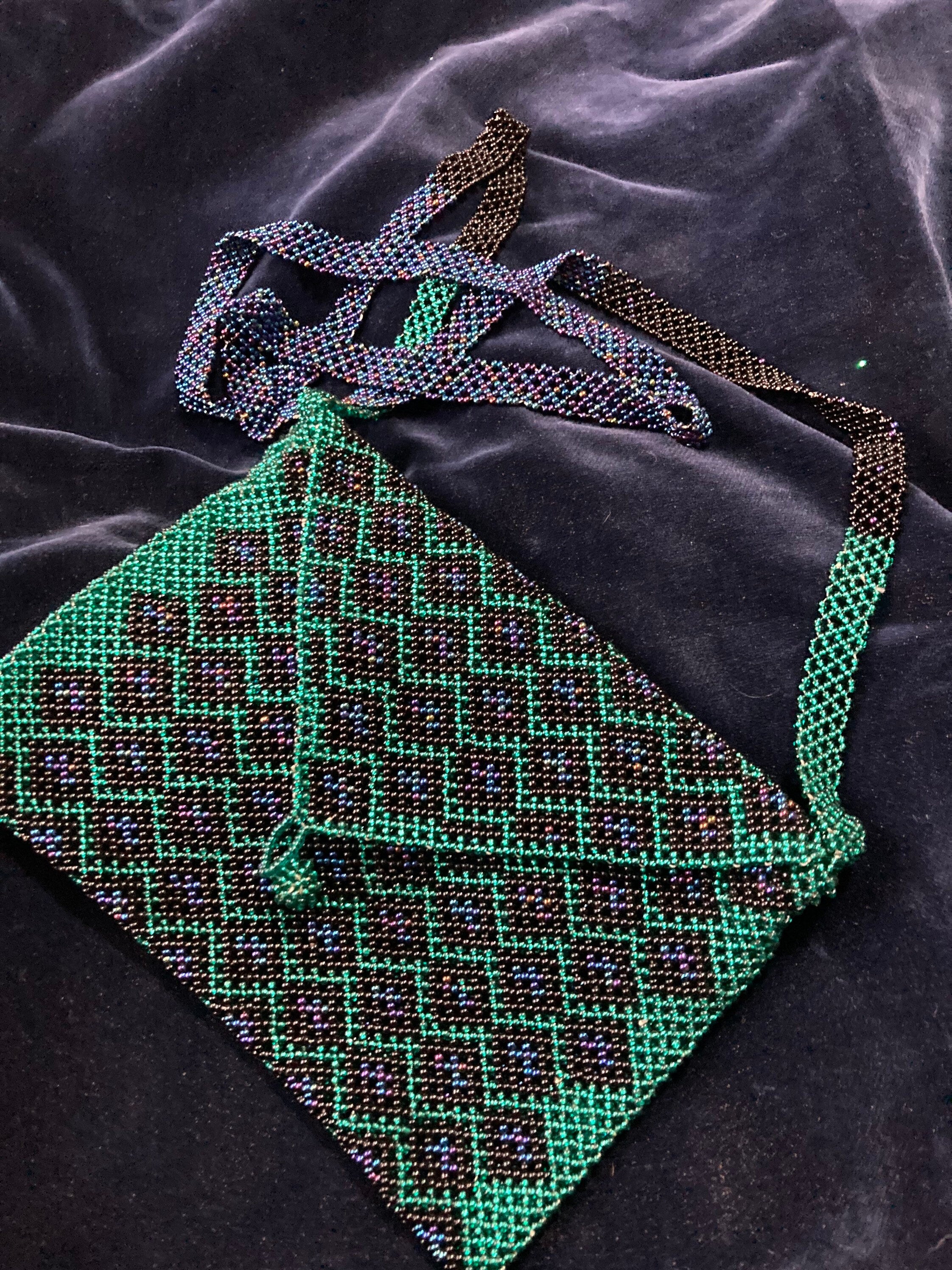 Antique micro beaded evening purse glass peacock blue green