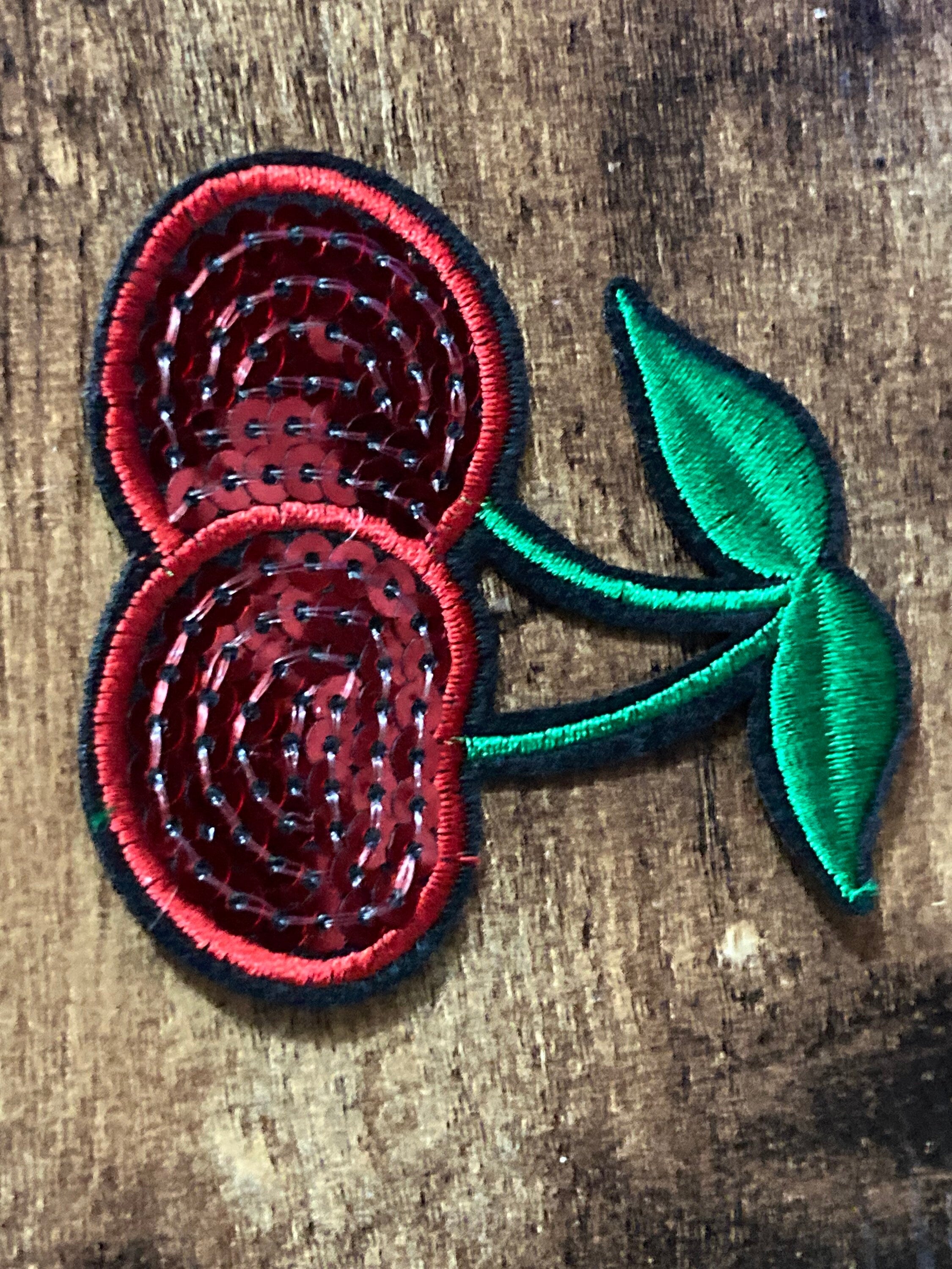 iron on cherry patch 7 x 6cm red green sequins