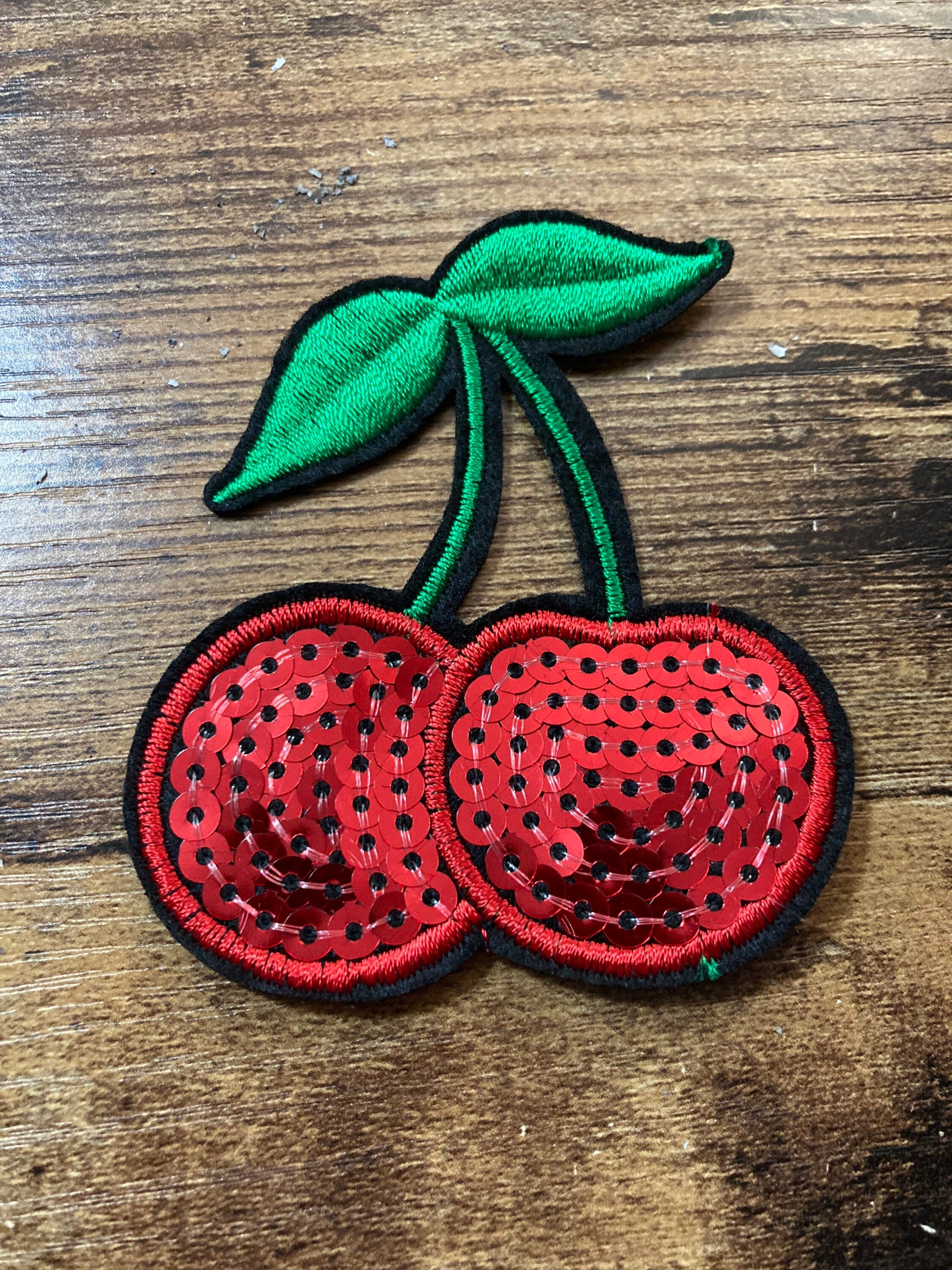 iron on cherry patch 7 x 6cm red green sequins