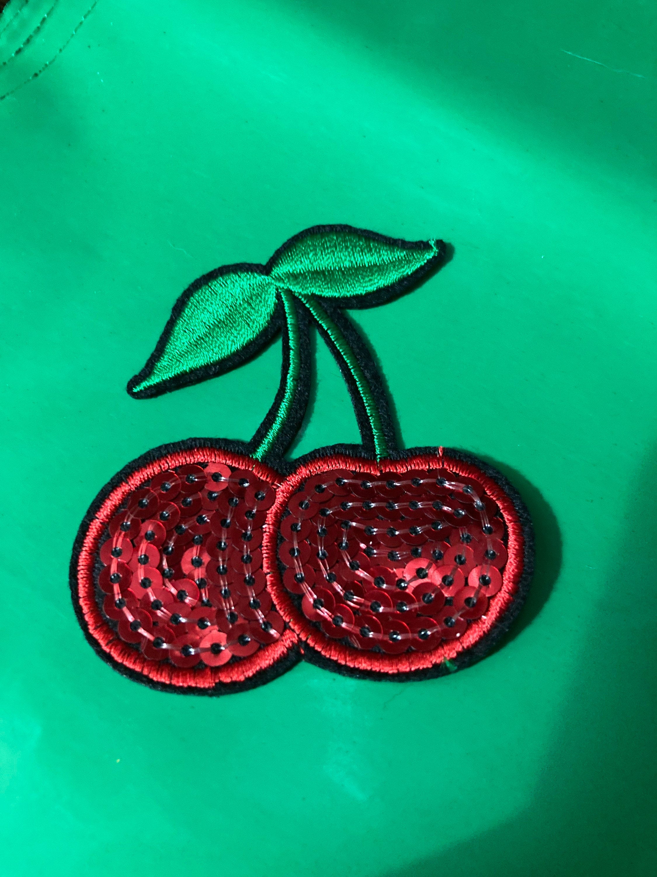 iron on cherry patch 7 x 6cm red green sequins