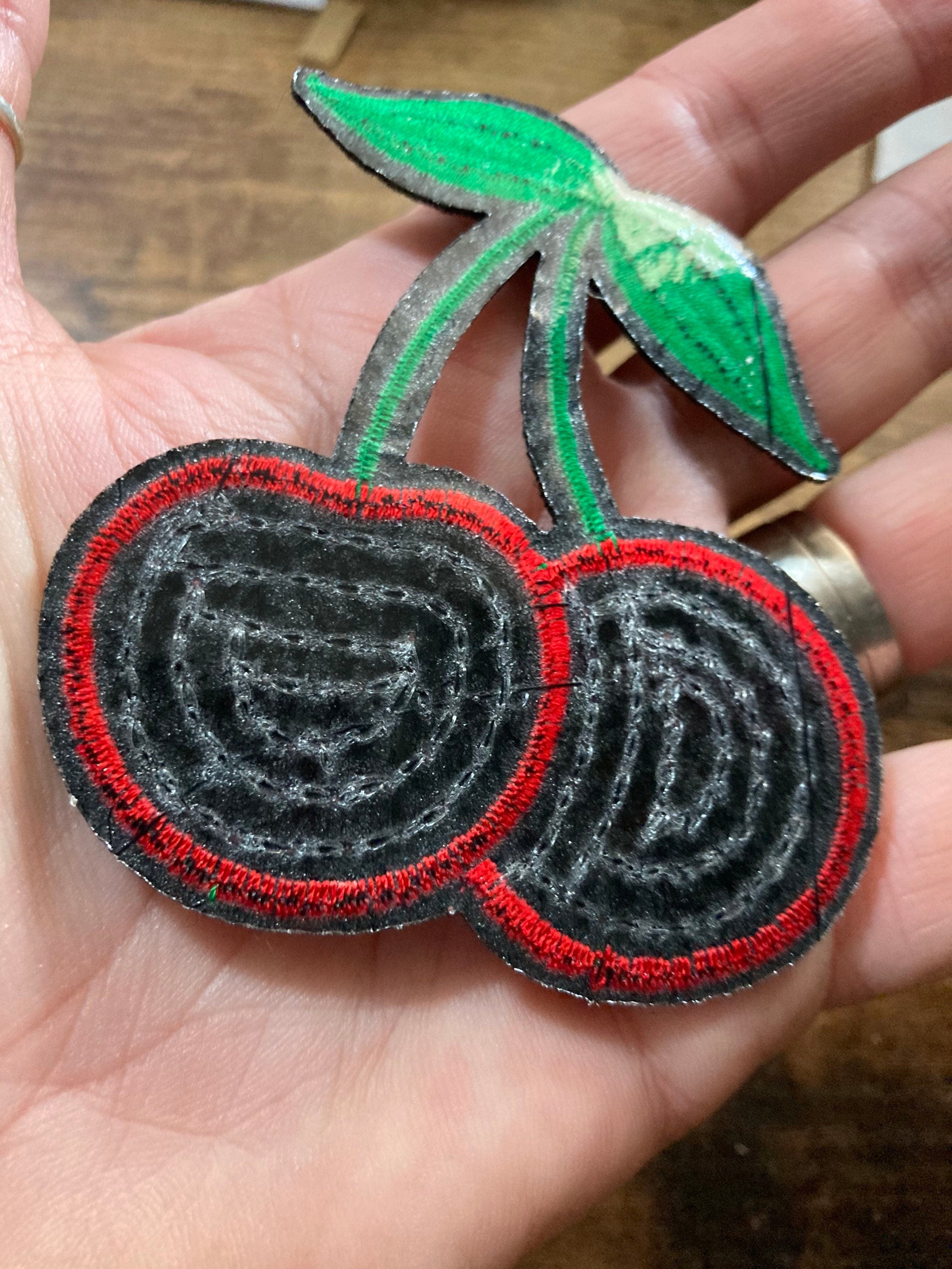 iron on cherry patch 7 x 6cm red green sequins