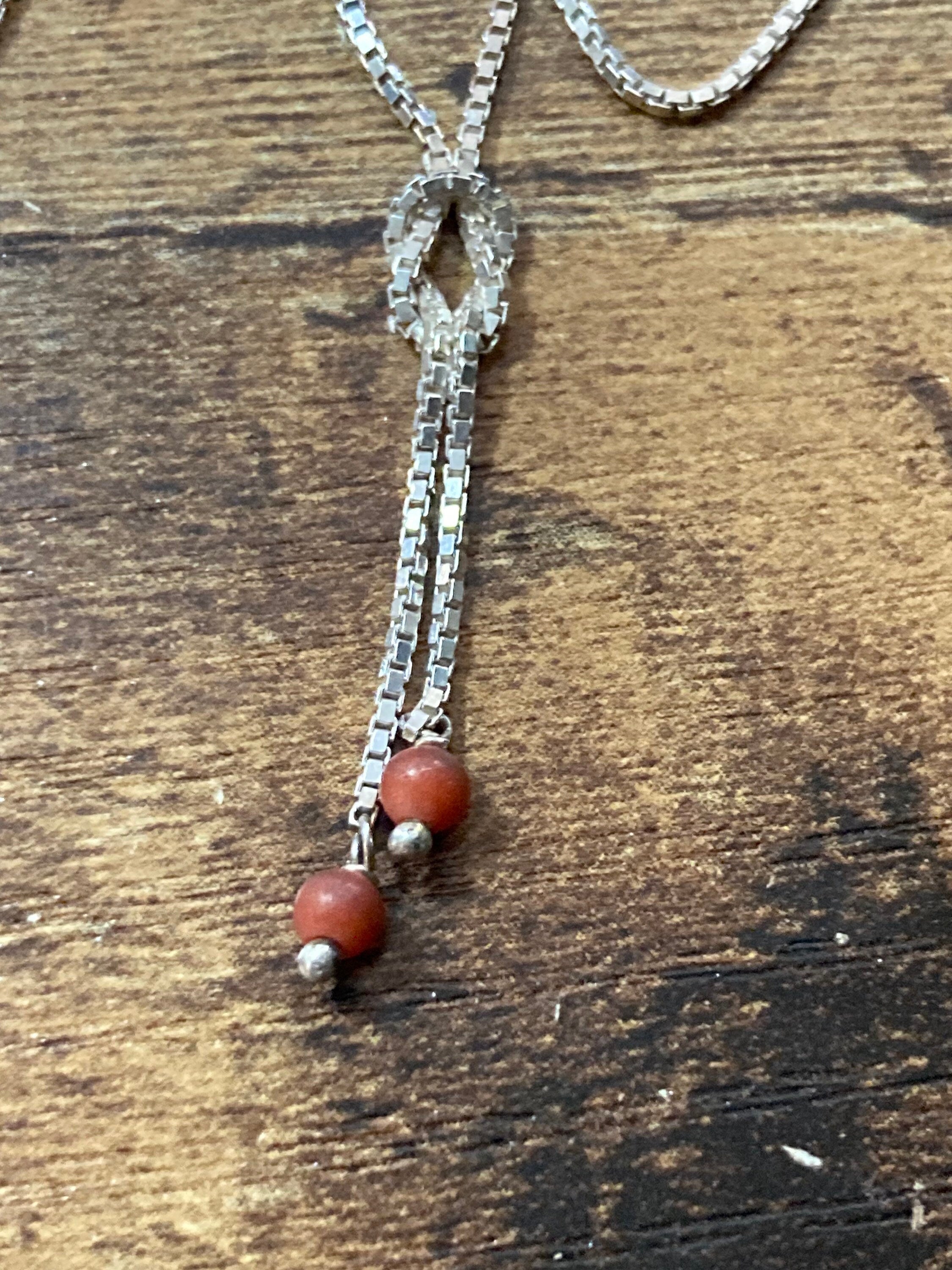 925 sterling silver fine modernist box chain with coral beads and knot