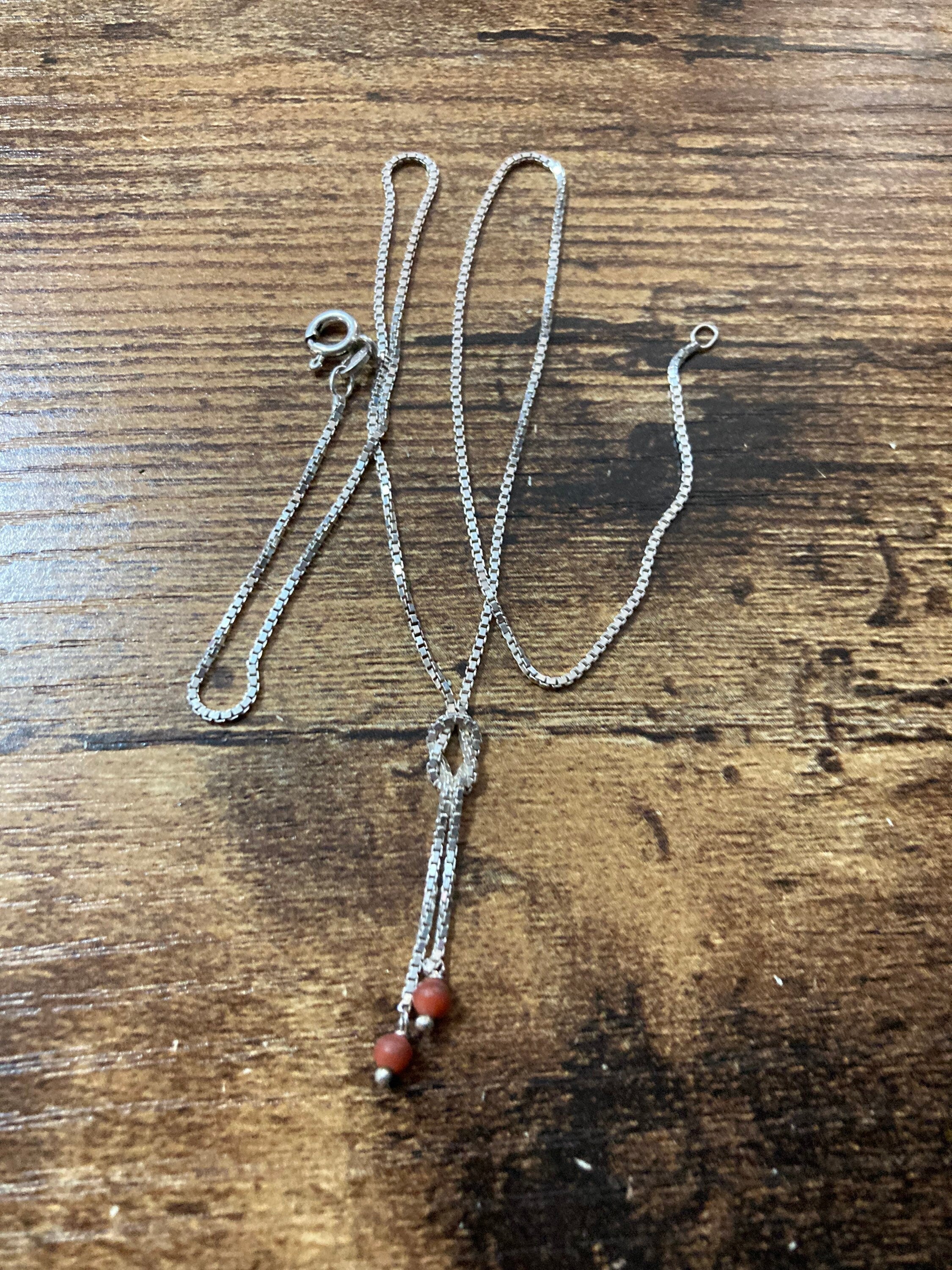 925 sterling silver fine modernist box chain with coral beads and knot