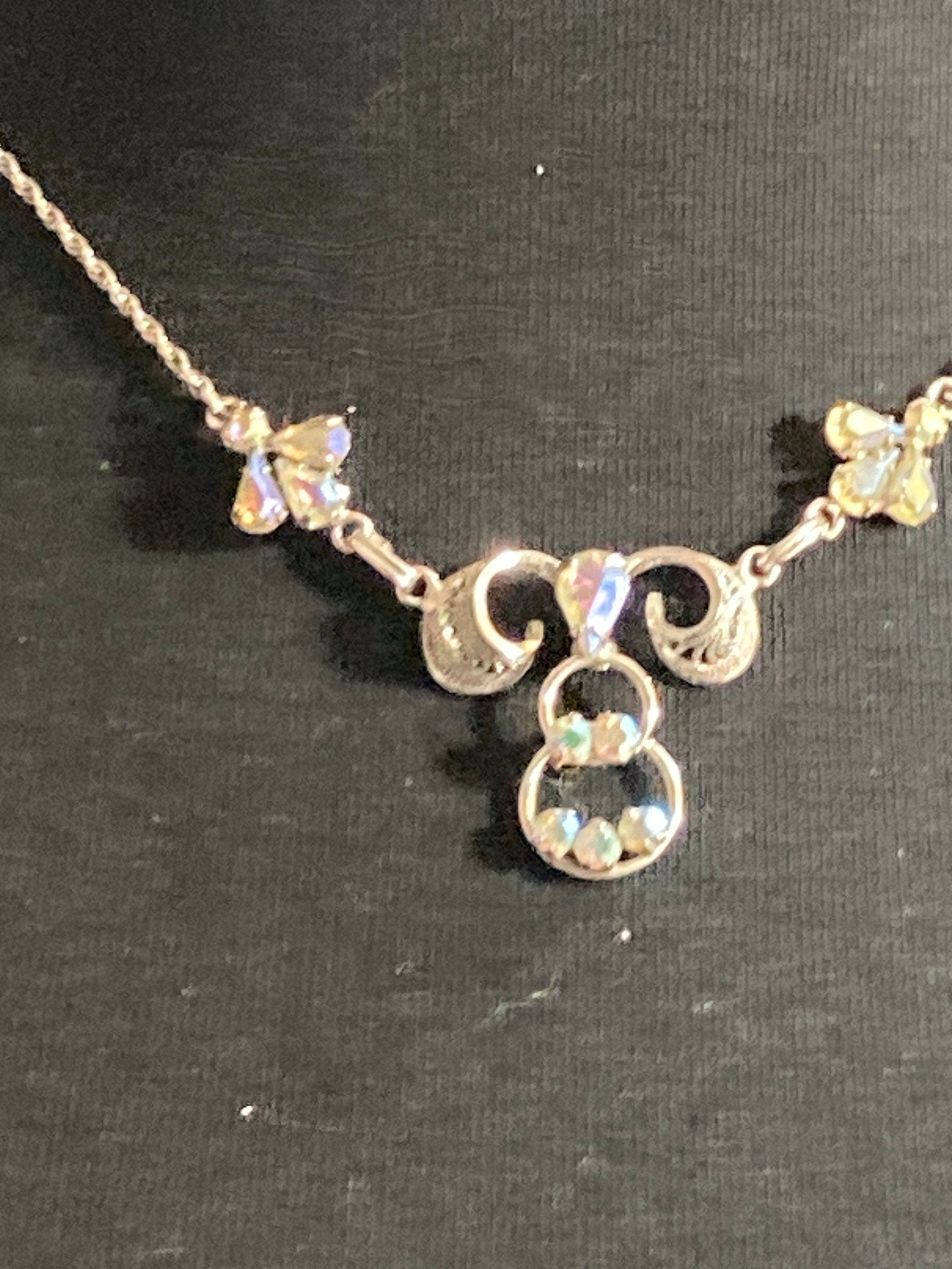 Signed TK 925 Sterling Silver AB Aurora borealis diamanté swag necklace 5.6 grams 45cm