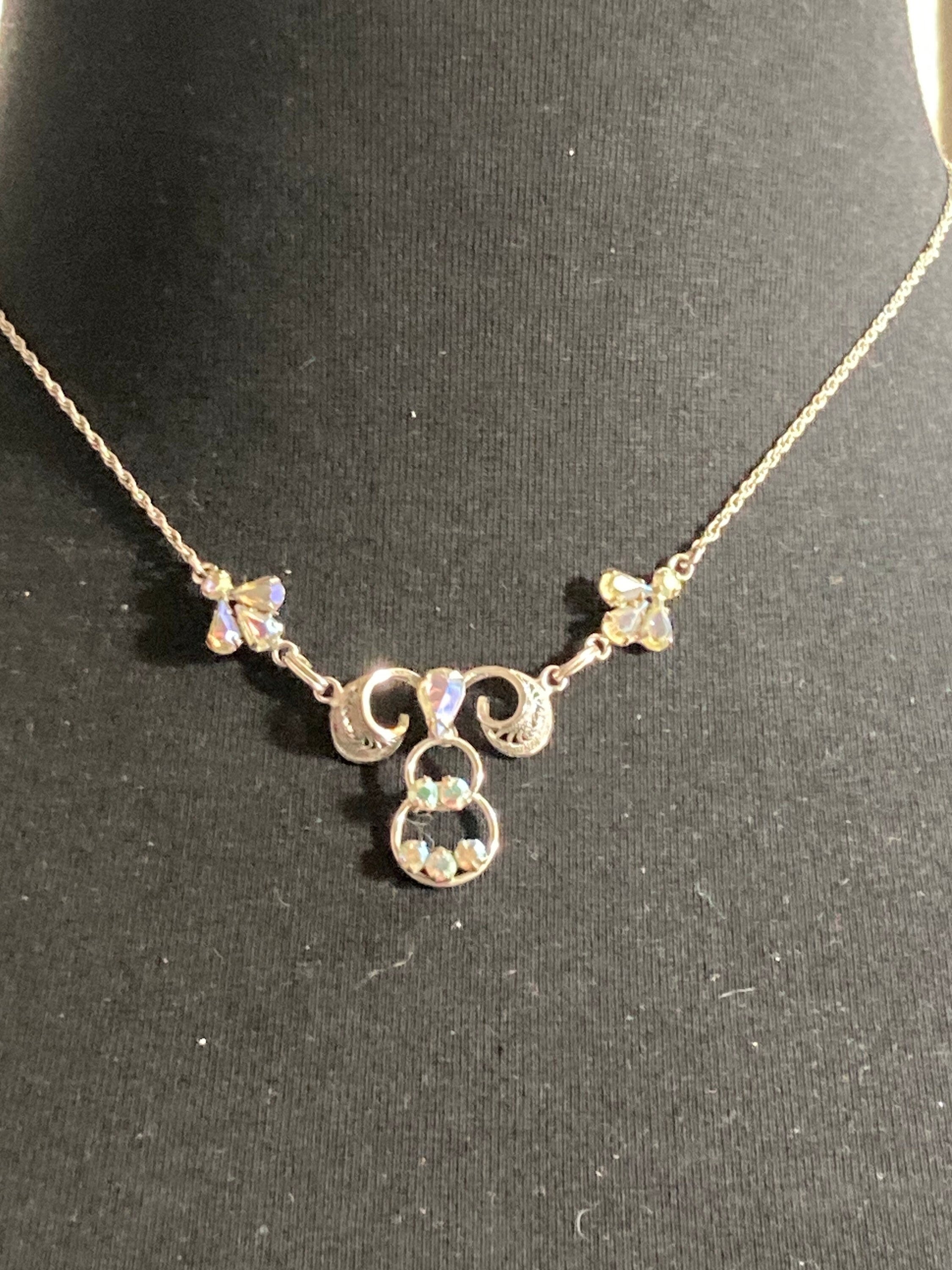 Signed TK 925 Sterling Silver AB Aurora borealis diamanté swag necklace 5.6 grams 45cm