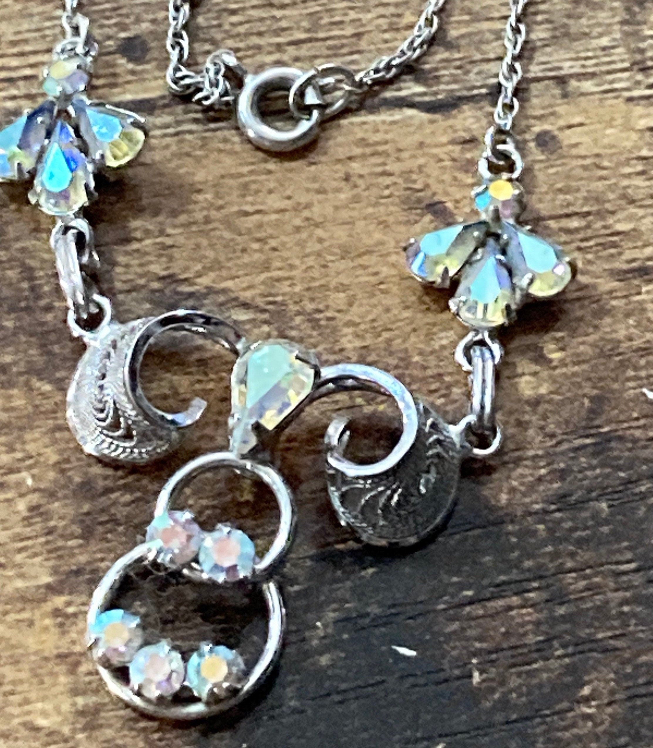 Signed TK 925 Sterling Silver AB Aurora borealis diamanté swag necklace 5.6 grams 45cm