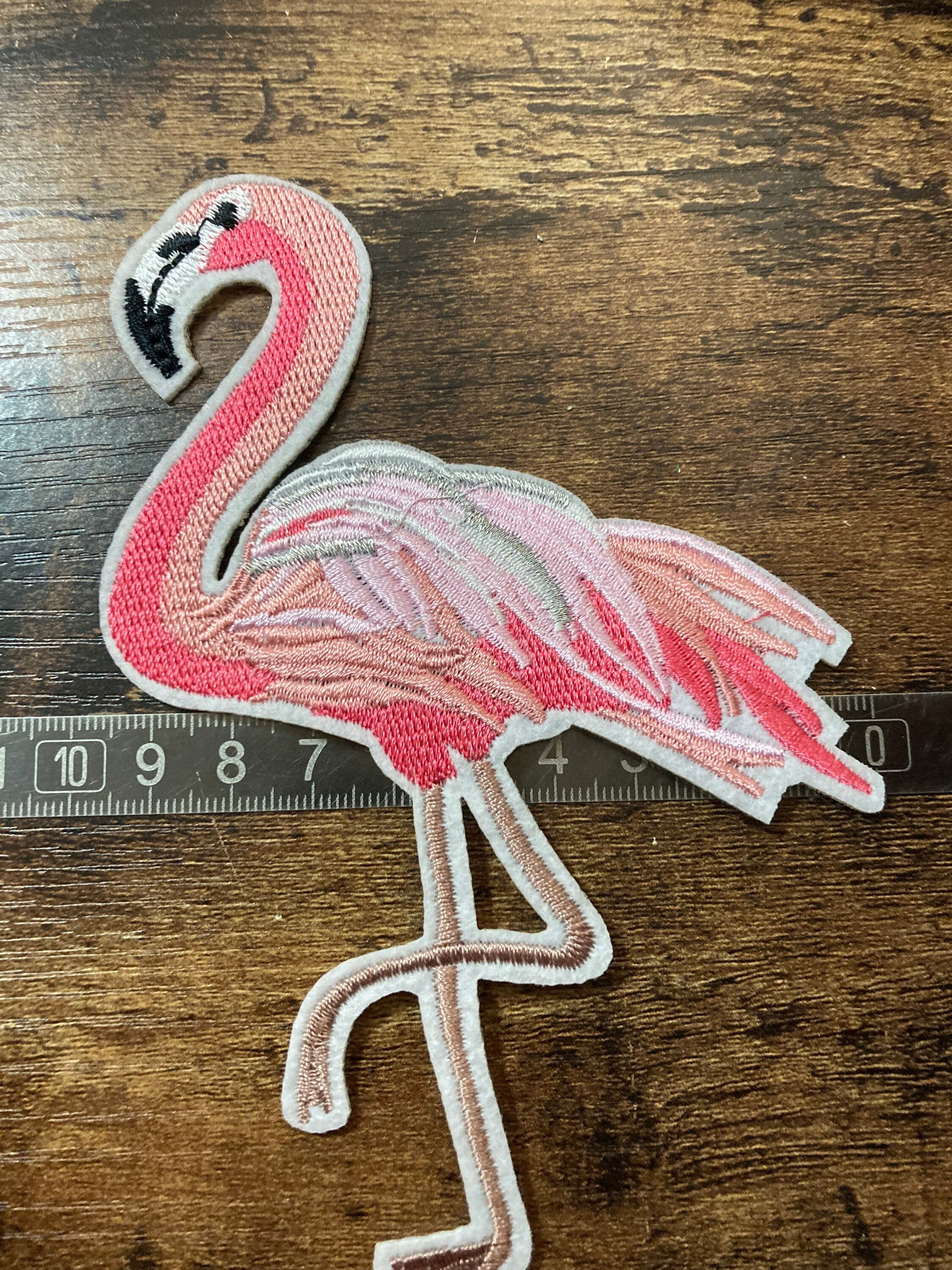 Embroidered Flamingo Iron On Patches: Pink & Silver Appliqués (15cm x 10cm)