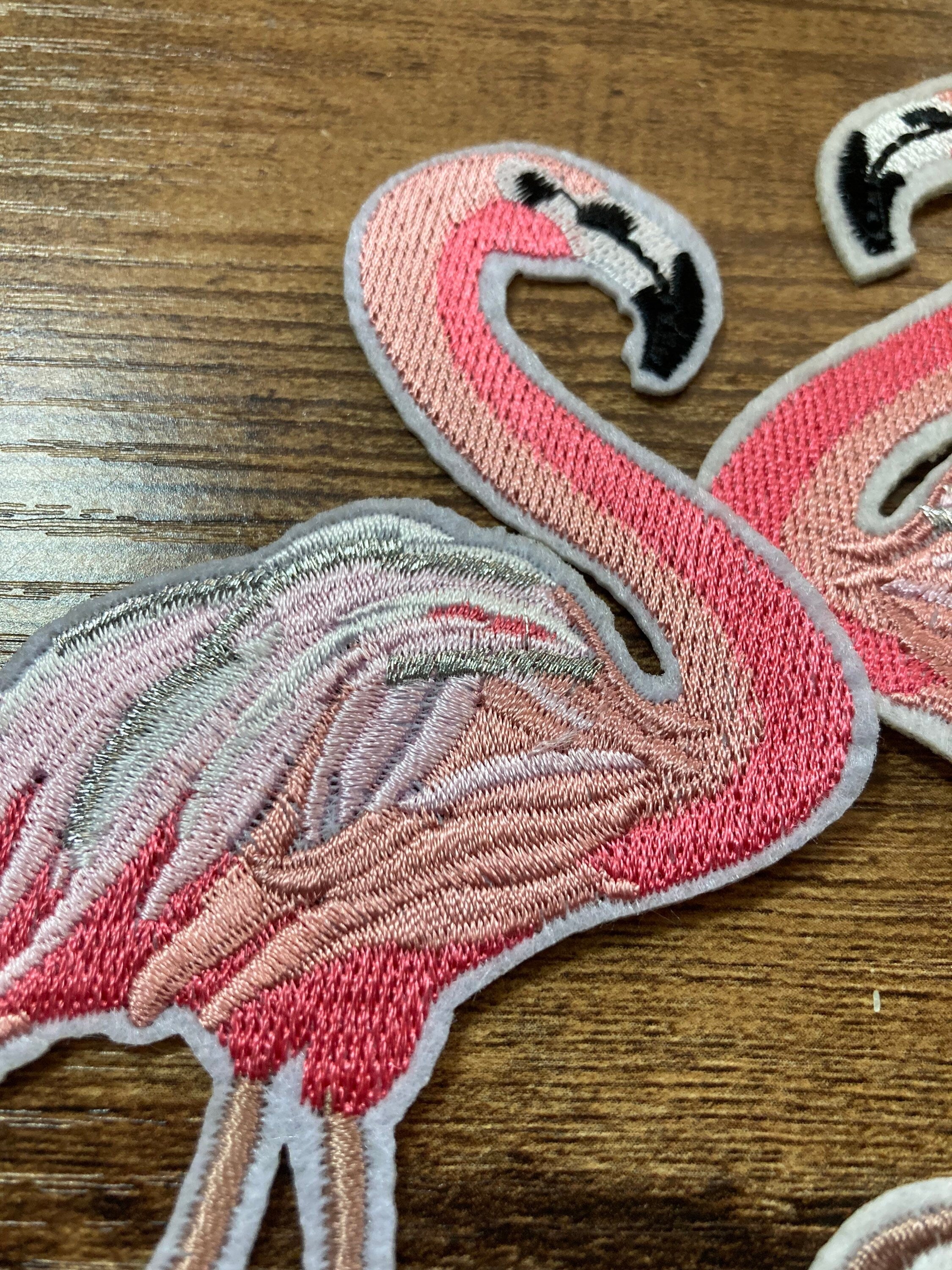 Embroidered Flamingo Iron On Patches: Pink & Silver Appliqués (15cm x 10cm)