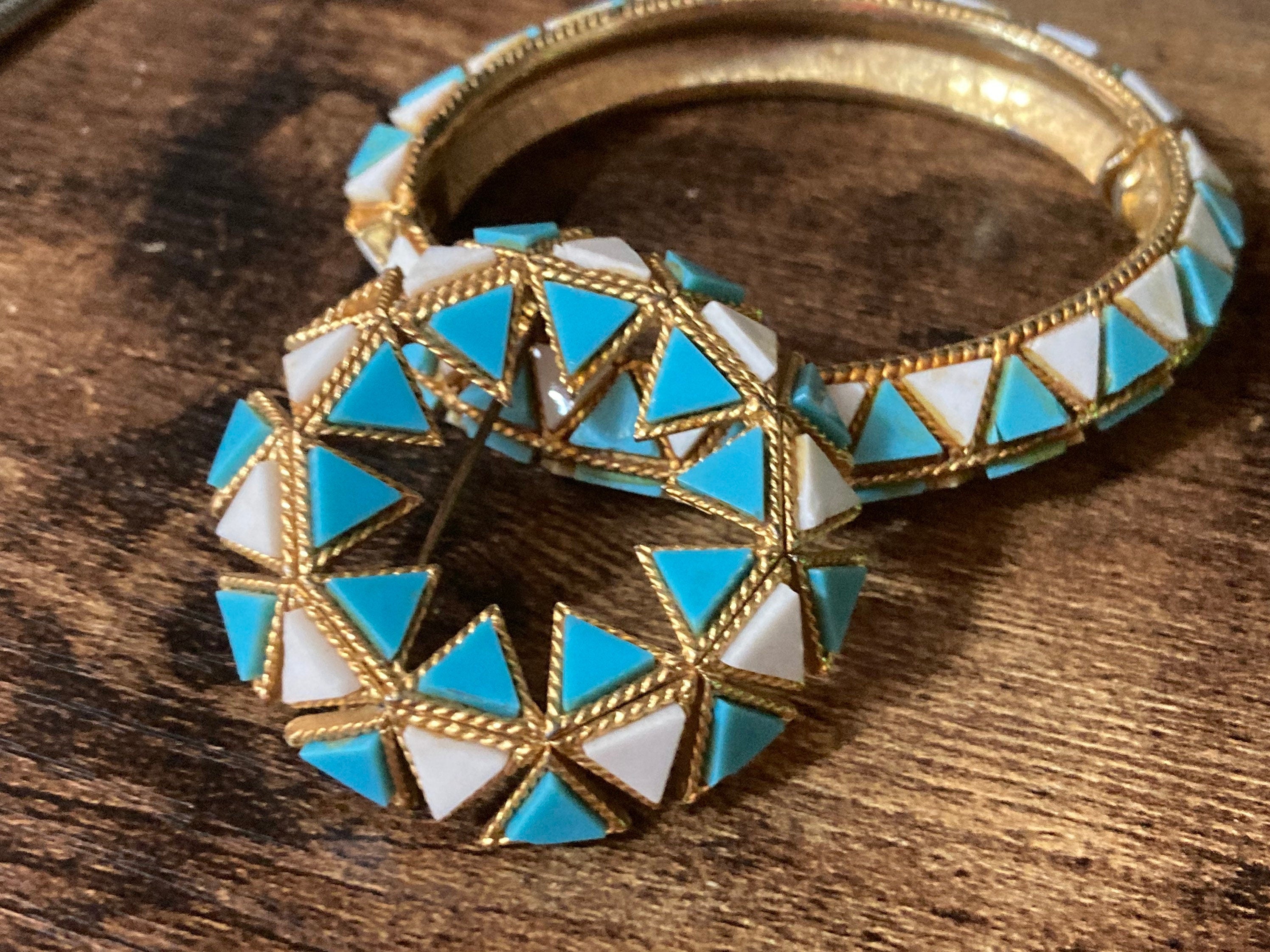 Vintage turquoise white gold tone clamper bangle and matching brooch jewellery set