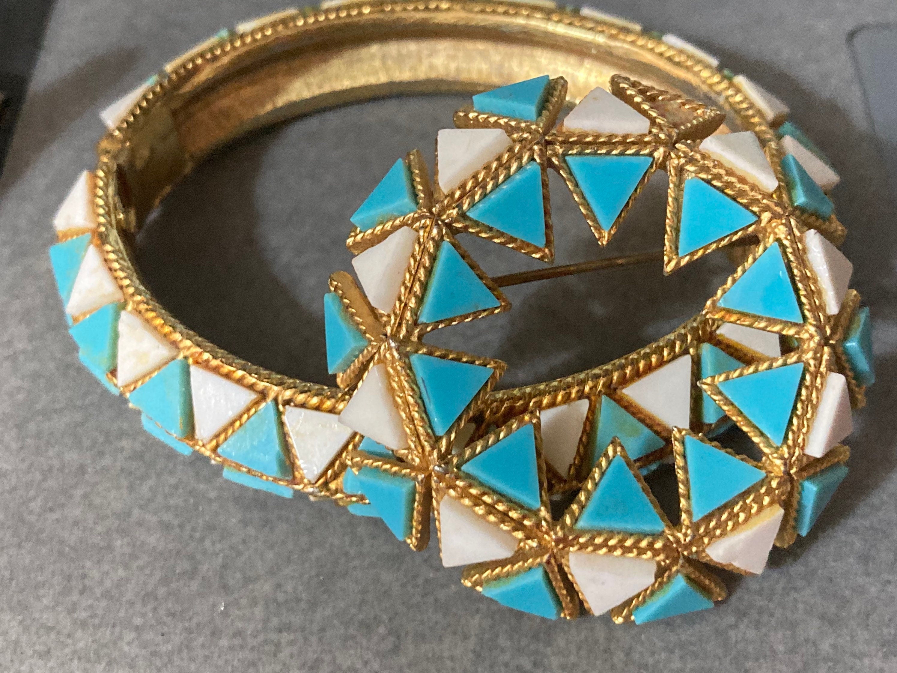 Vintage turquoise white gold tone clamper bangle and matching brooch jewellery set
