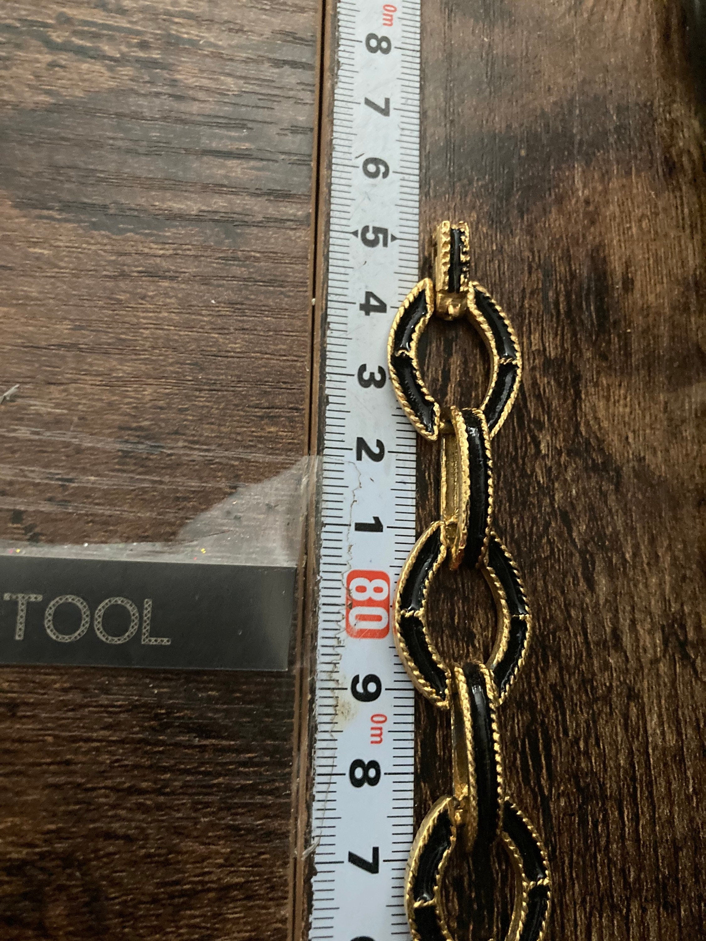Vintage black long enamel chain link gold tone necklace 85cm heavy