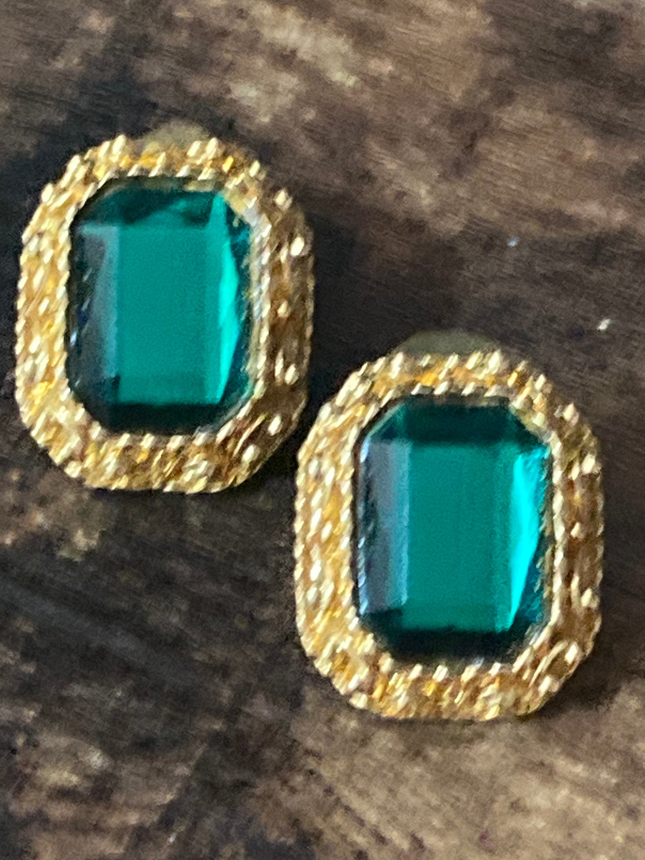 Oversized Emerald green glass Rhinestone large stud pierced Earrings