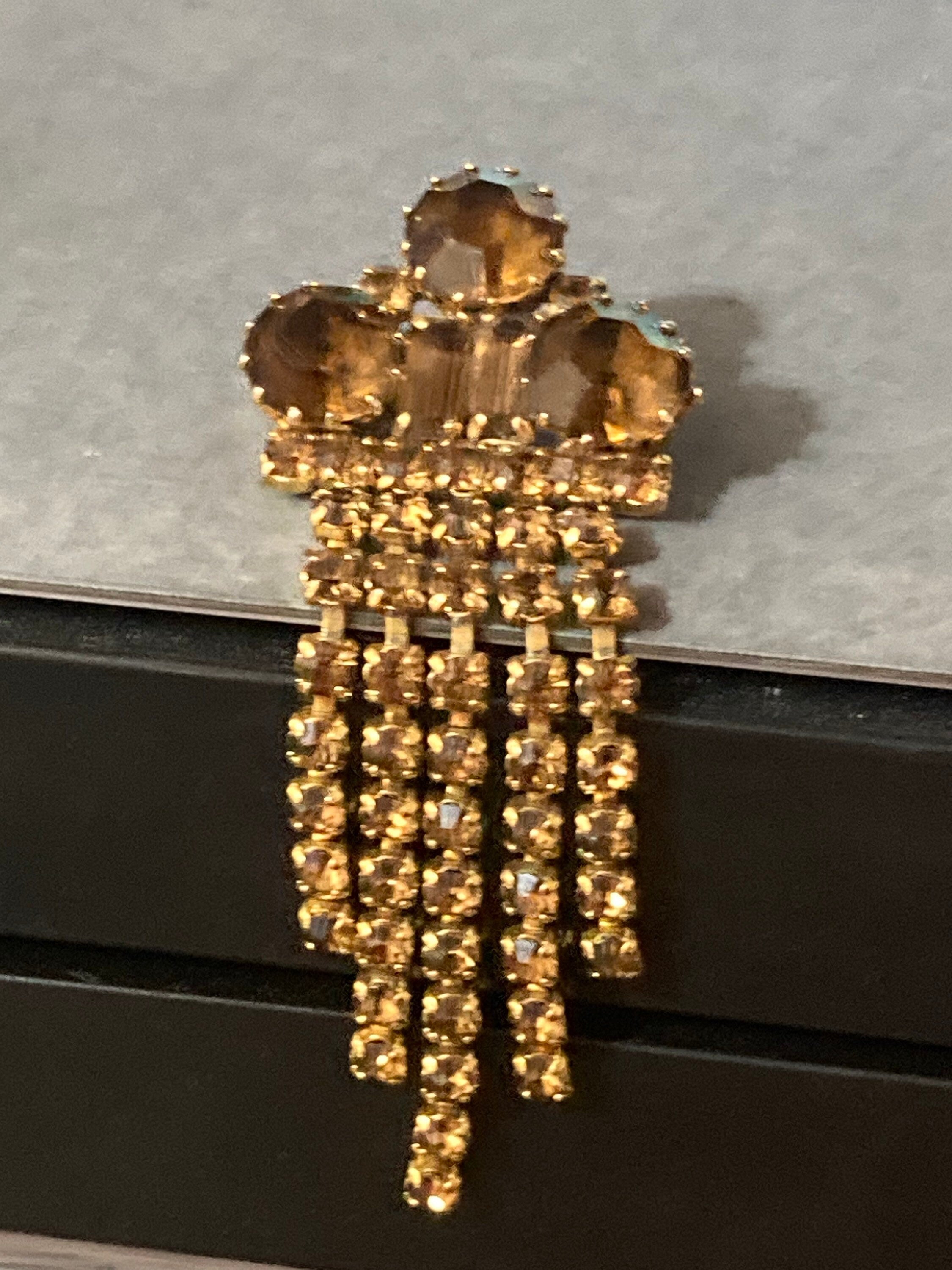 mid century gold tone brown cognac glass waterfall brooch 8cm