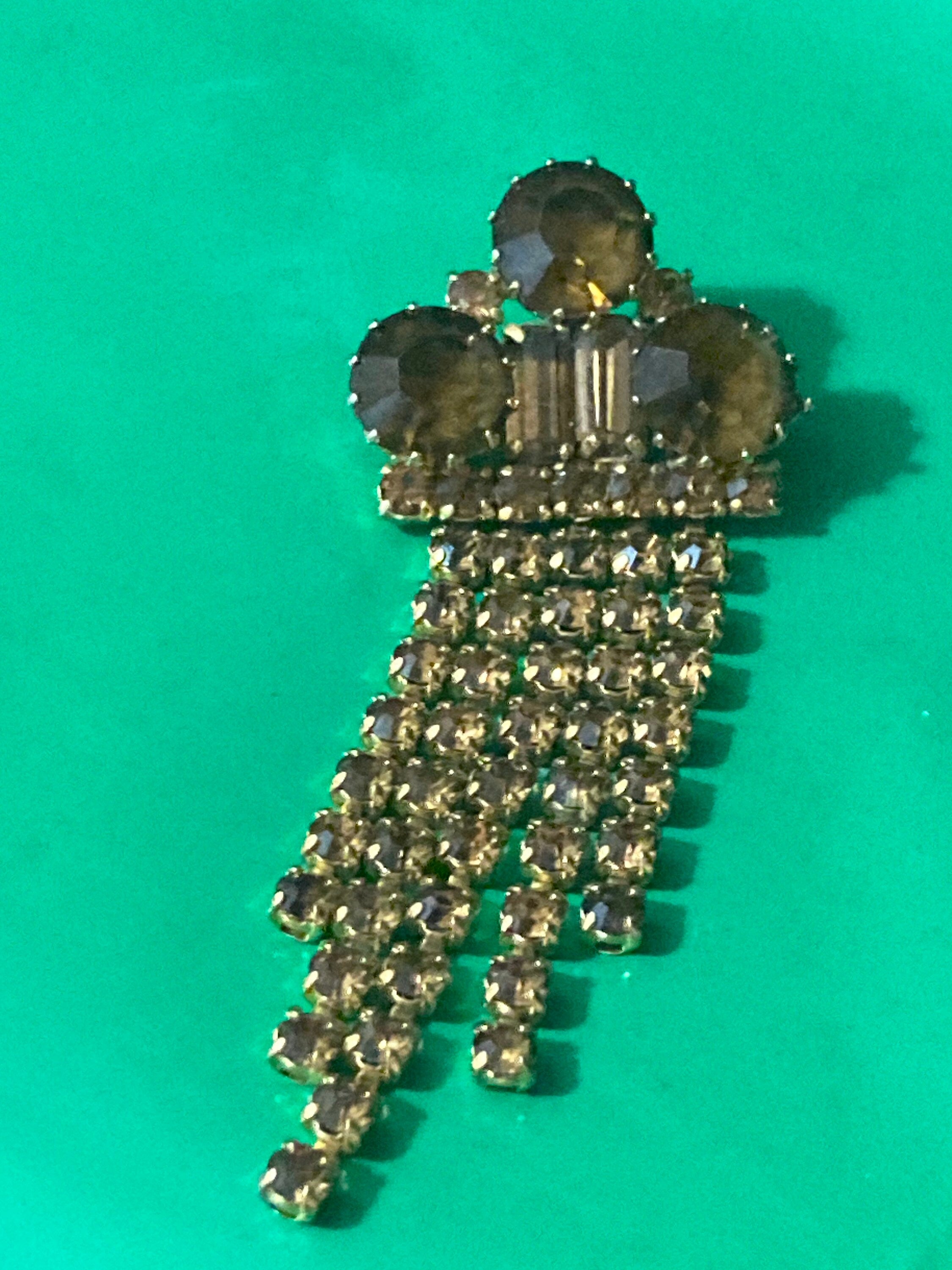 mid century gold tone brown cognac glass waterfall brooch 8cm