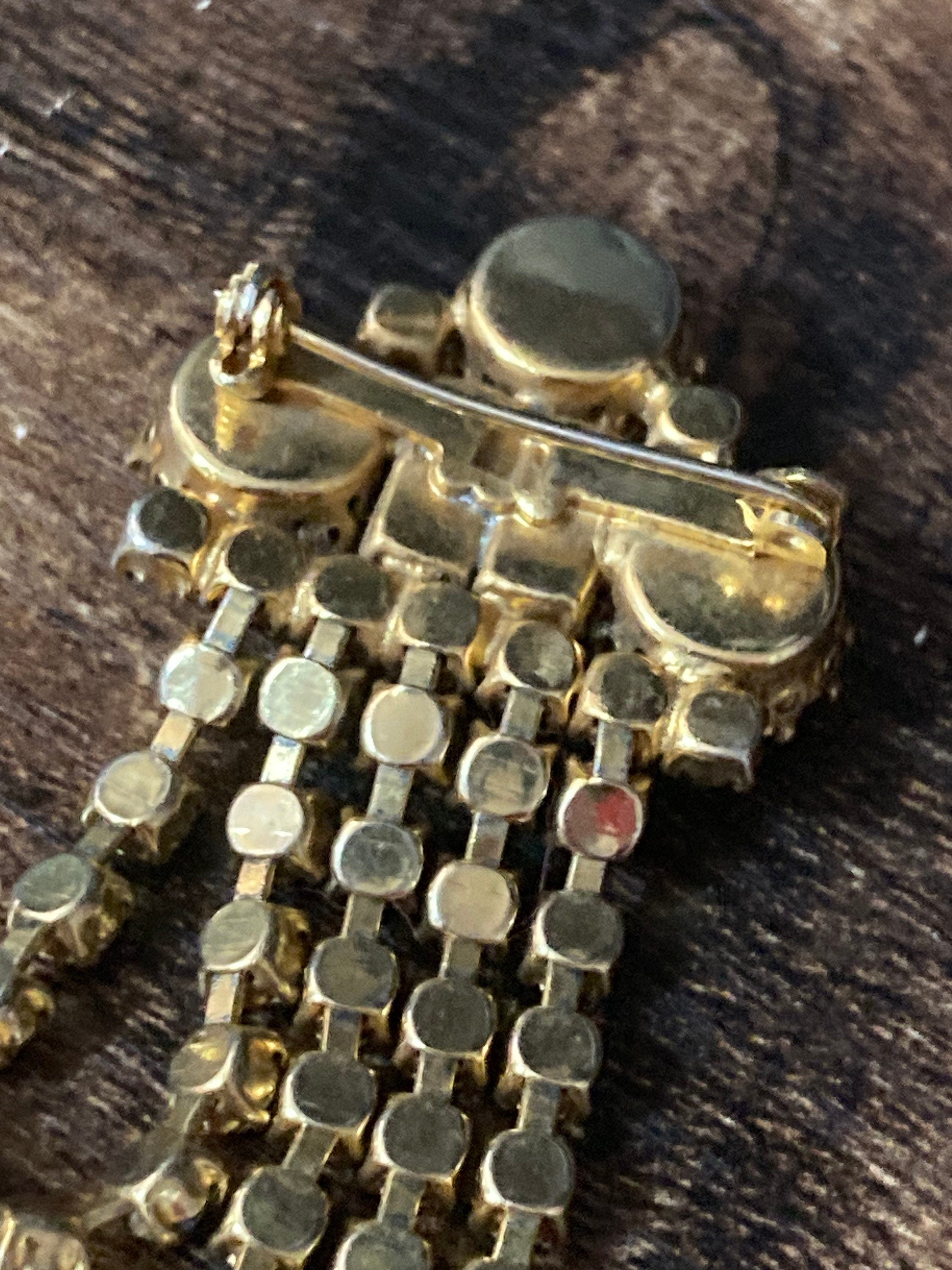 mid century gold tone brown cognac glass waterfall brooch 8cm