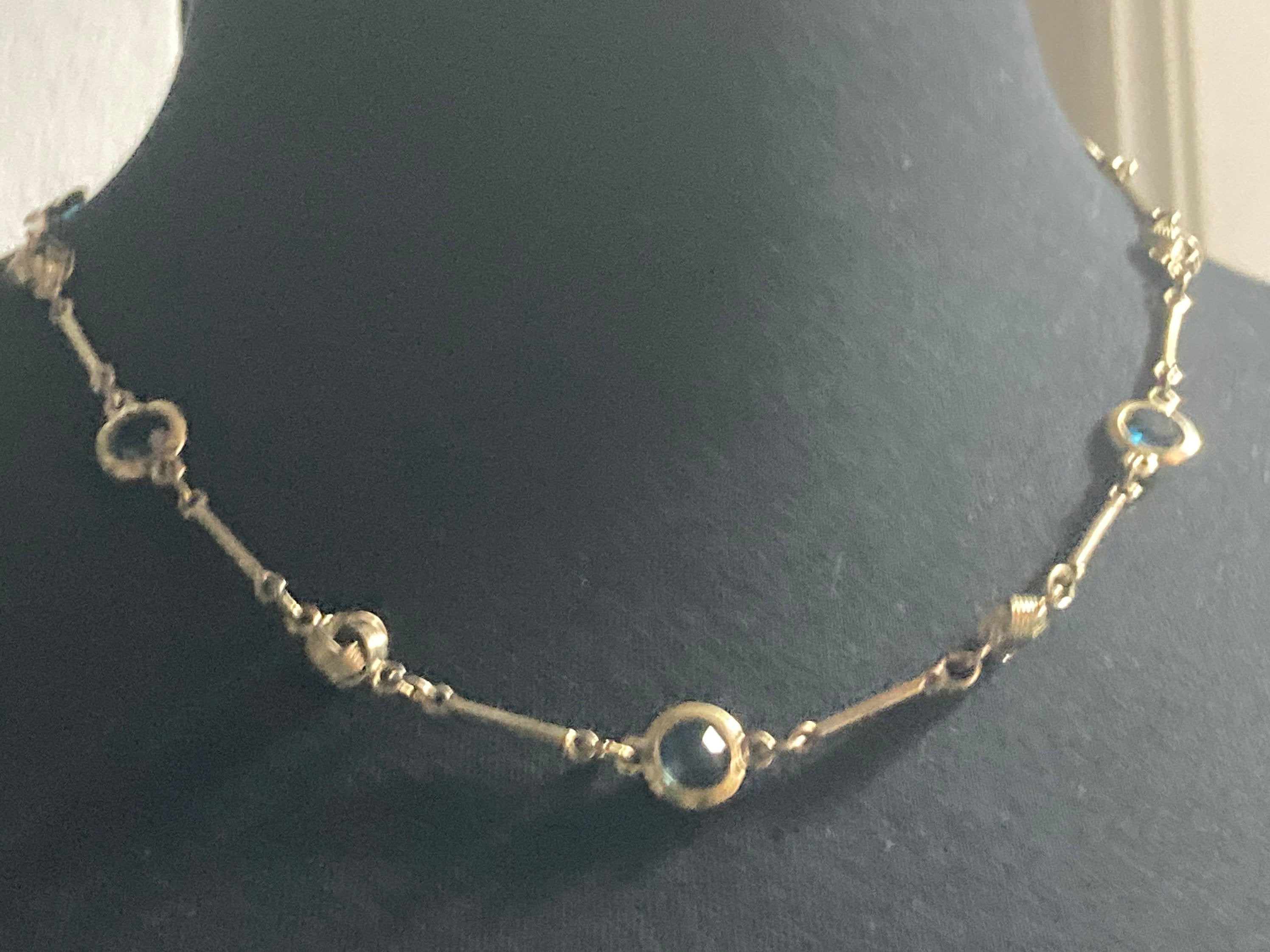 Rivière bezel set blue glass vintage gold tone chain link knot necklace 54cm