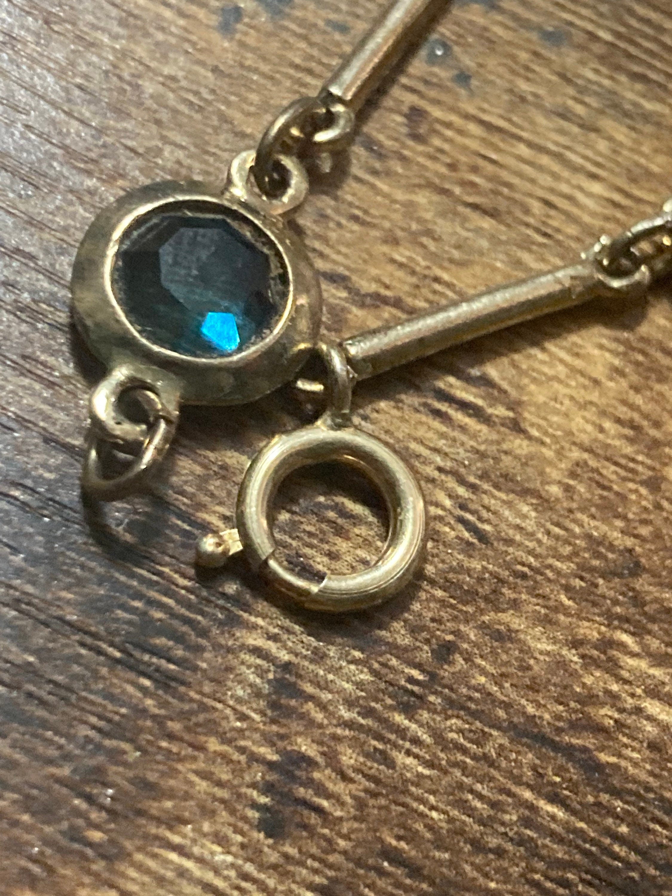 Rivière bezel set blue glass vintage gold tone chain link knot necklace 54cm