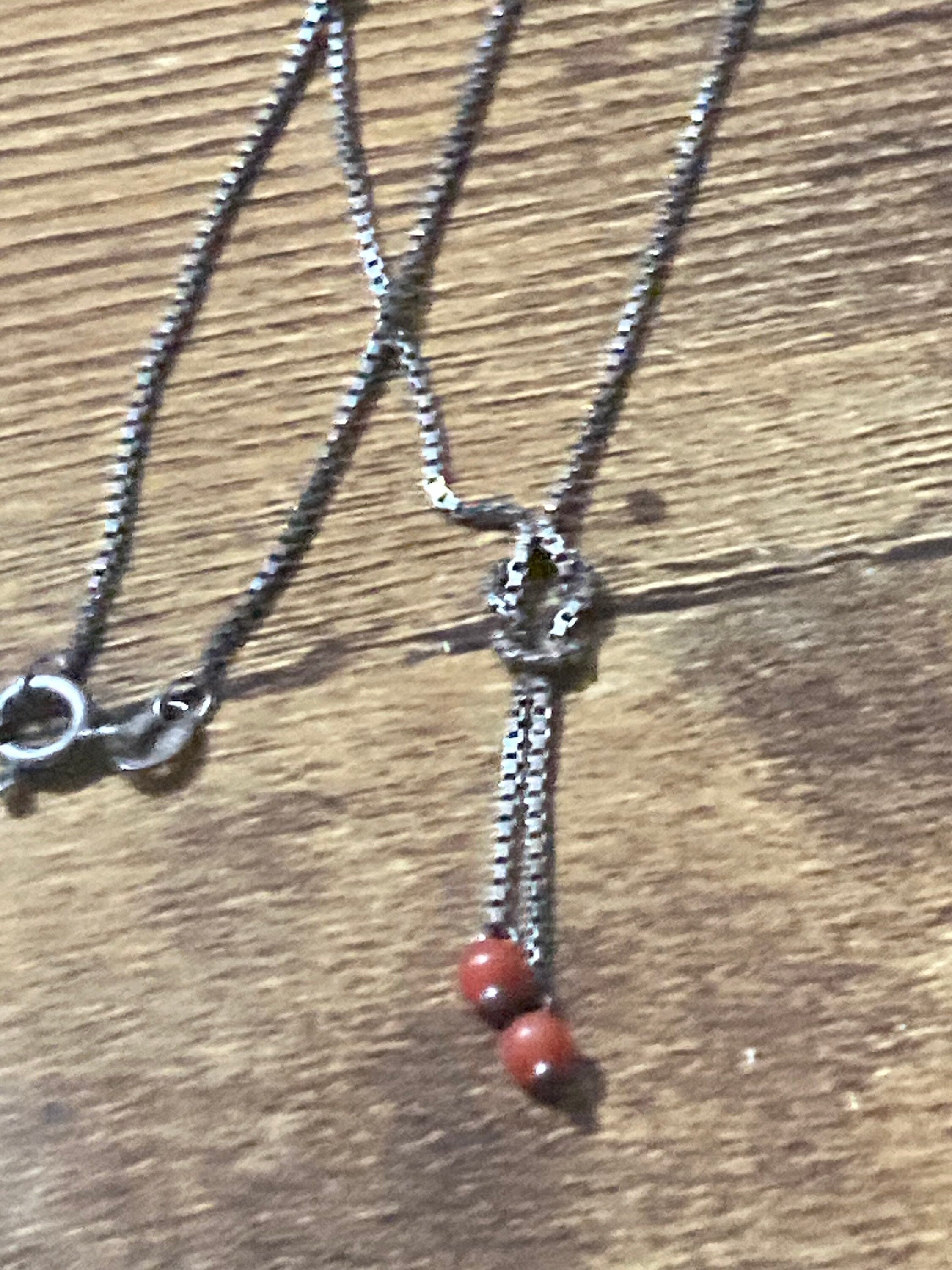 925 sterling silver fine modernist box chain with coral beads and knot 38cm