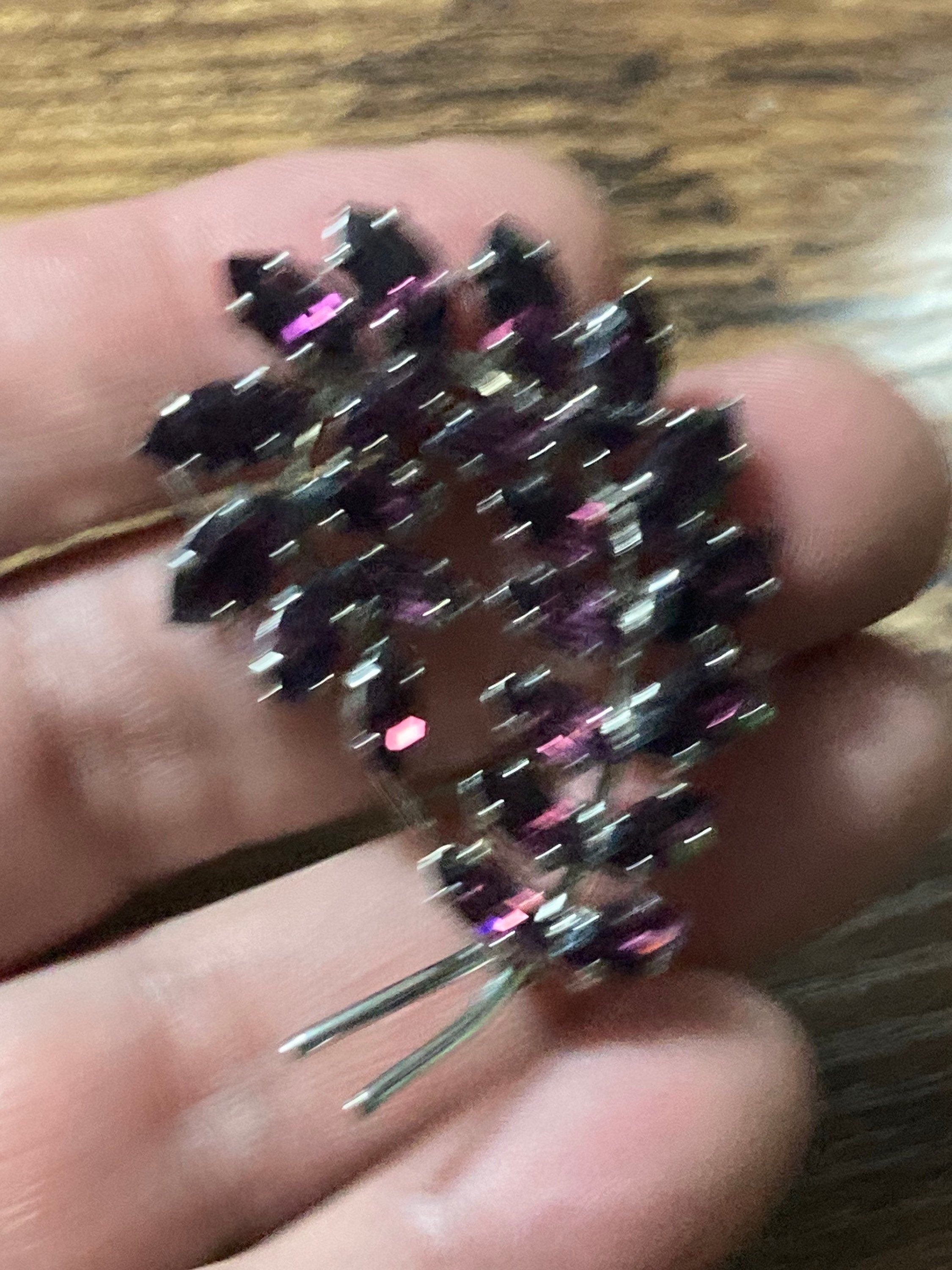 Silver tone diamanté fern leaf brooch with amethyst purple rhinestone glass