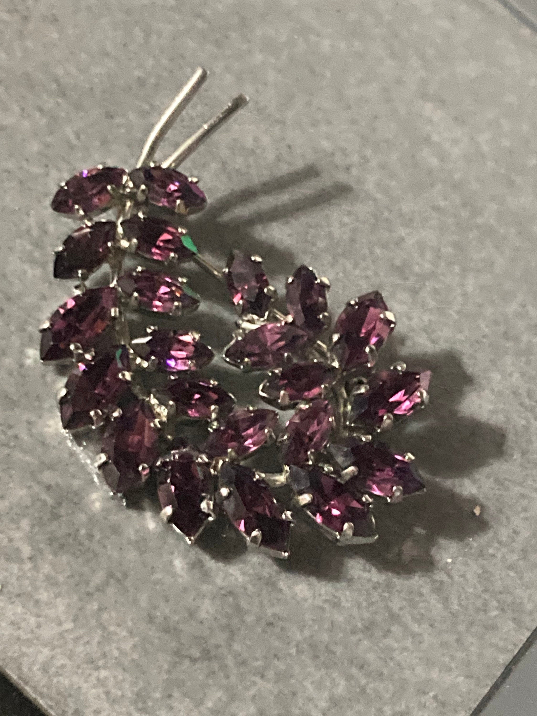 Silver tone diamanté fern leaf brooch with amethyst purple rhinestone glass