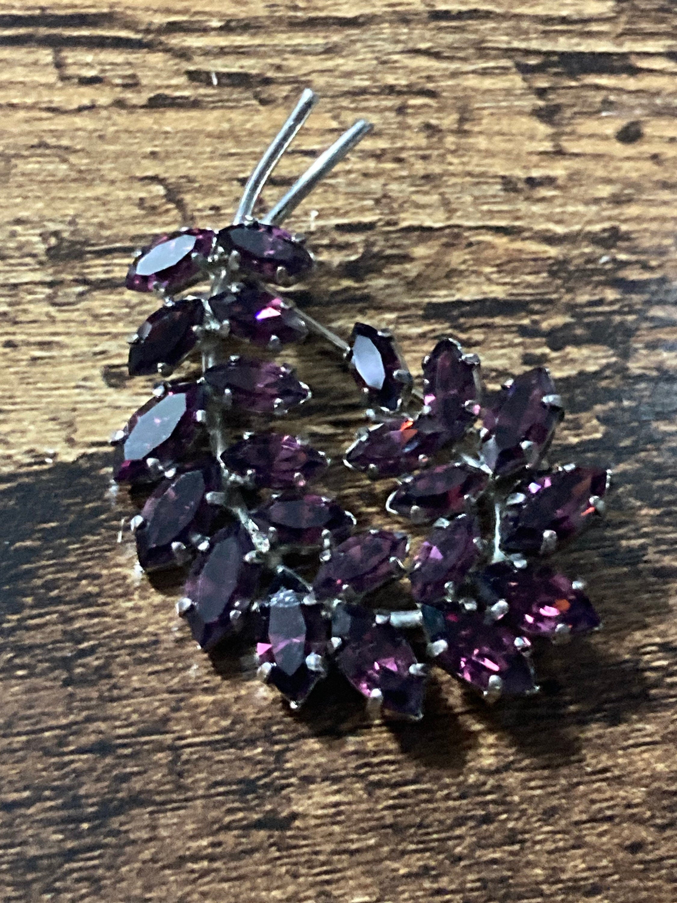 Silver tone diamanté fern leaf brooch with amethyst purple rhinestone glass