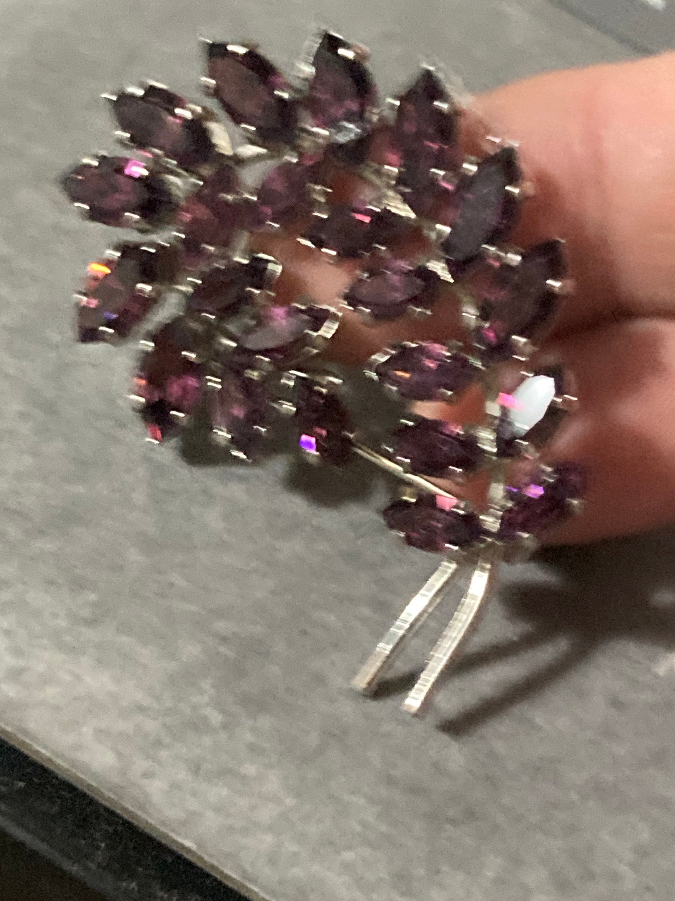 Silver tone diamanté fern leaf brooch with amethyst purple rhinestone glass
