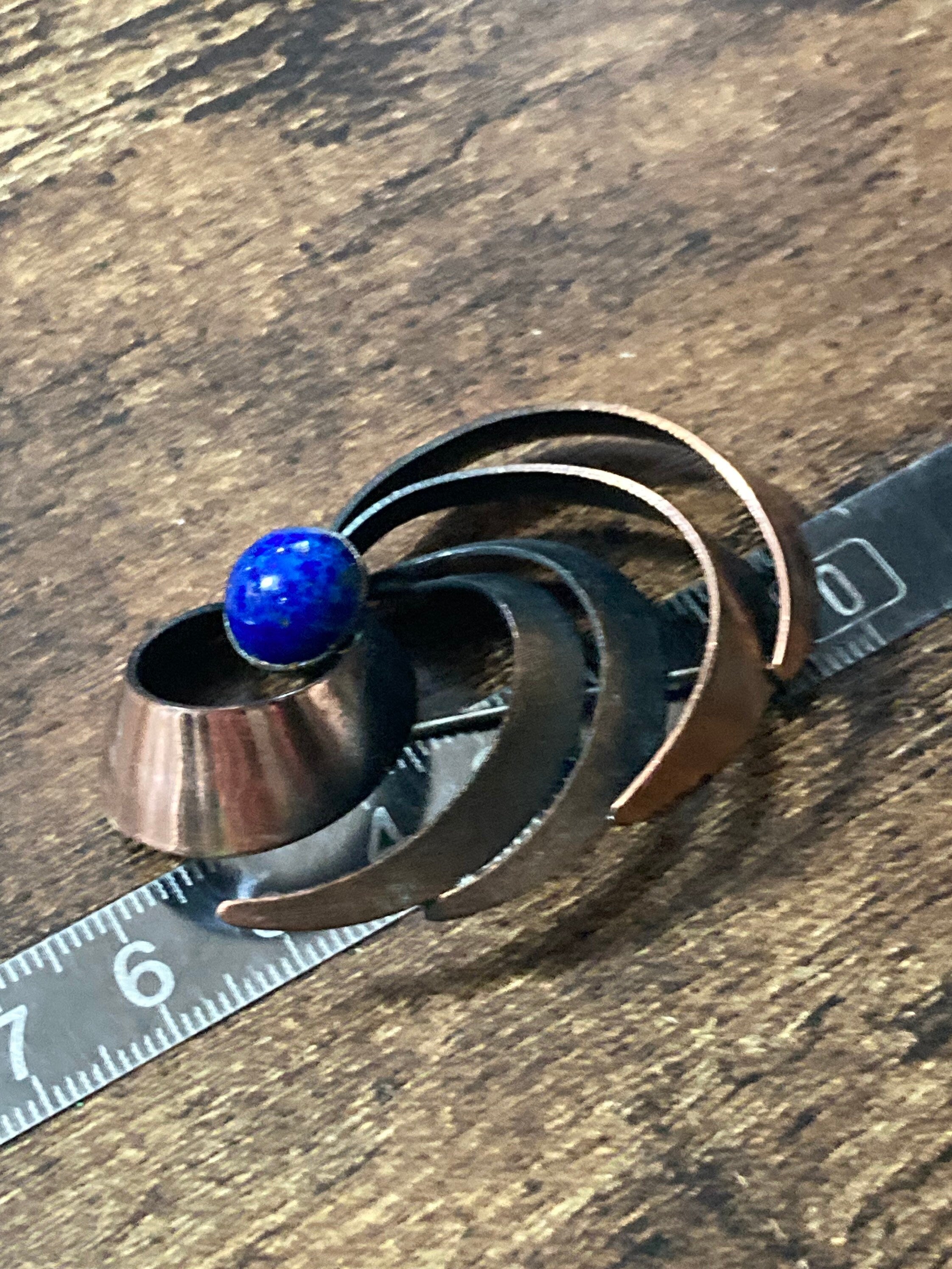 Vintage copper faux Lapis Lazuli brooch with roll clasp 1960s