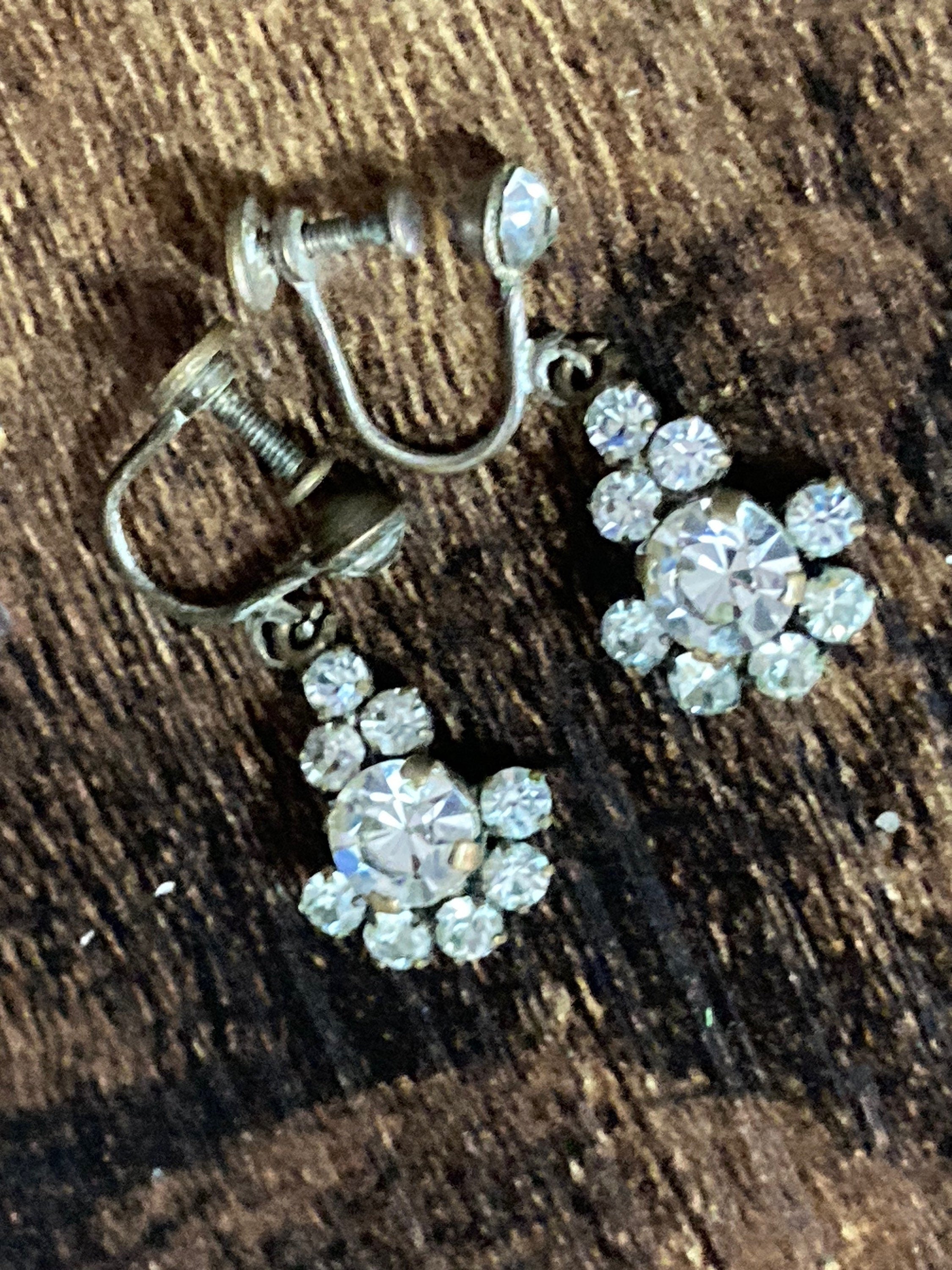 Vintage Clear Diamanté Drop Paste Clip On Earrings screw back