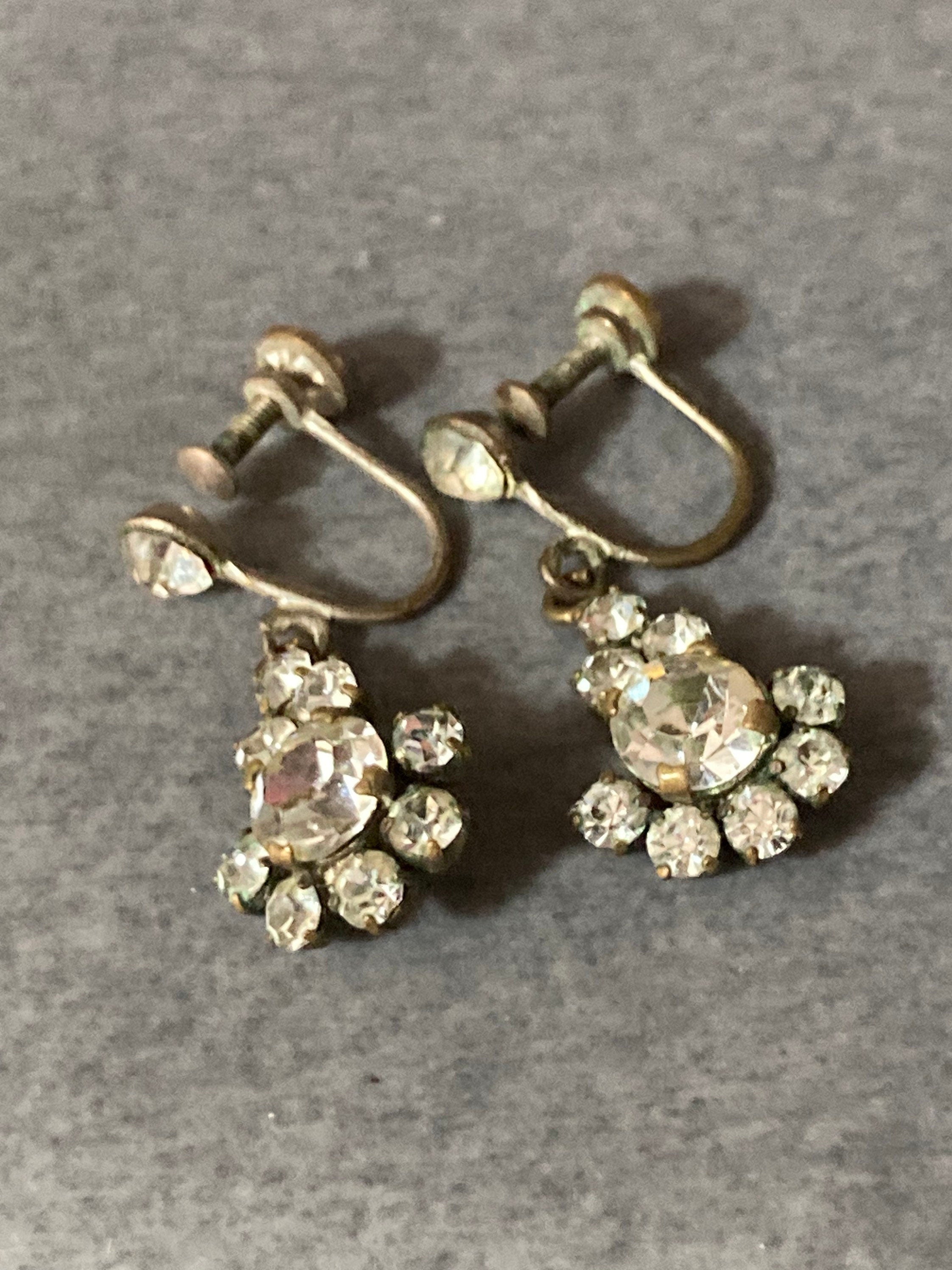 Vintage Clear Diamanté Drop Paste Clip On Earrings screw back
