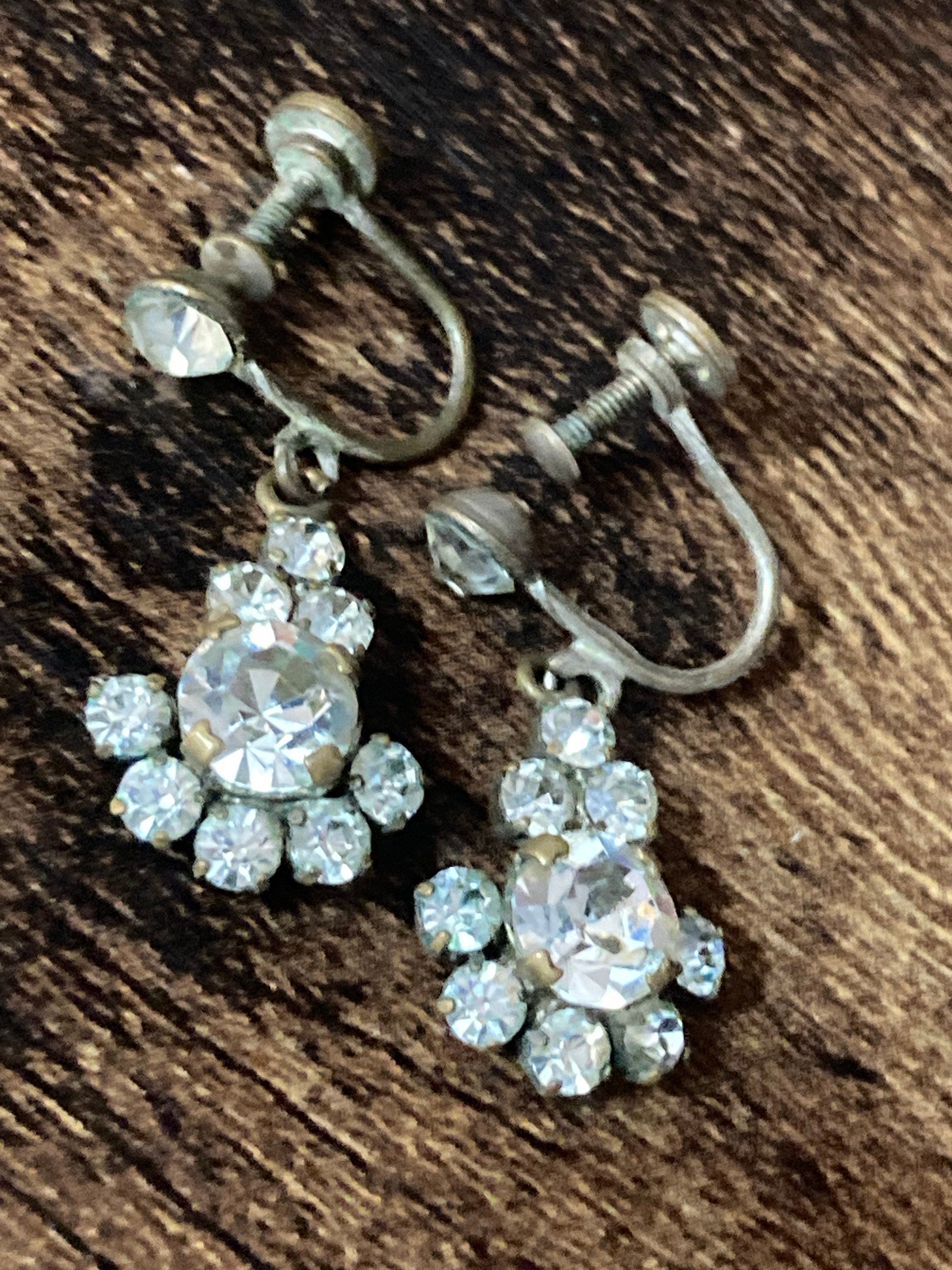 Vintage Clear Diamanté Drop Paste Clip On Earrings screw back